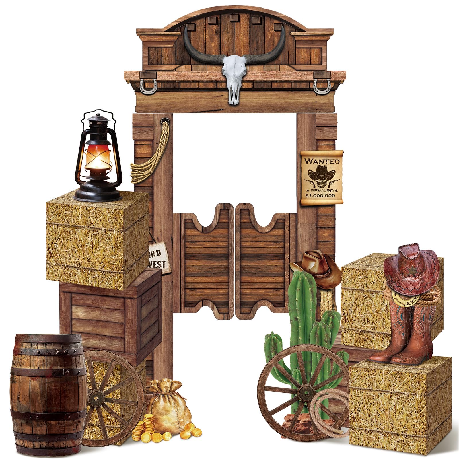 Colingmill 15 Pcs Western Cowboy Party Decorations Set Cowboy Backdrop 4 Hay Bales Boxes 2 Wood Print Boxes 2 Wood Wagon Wheels 