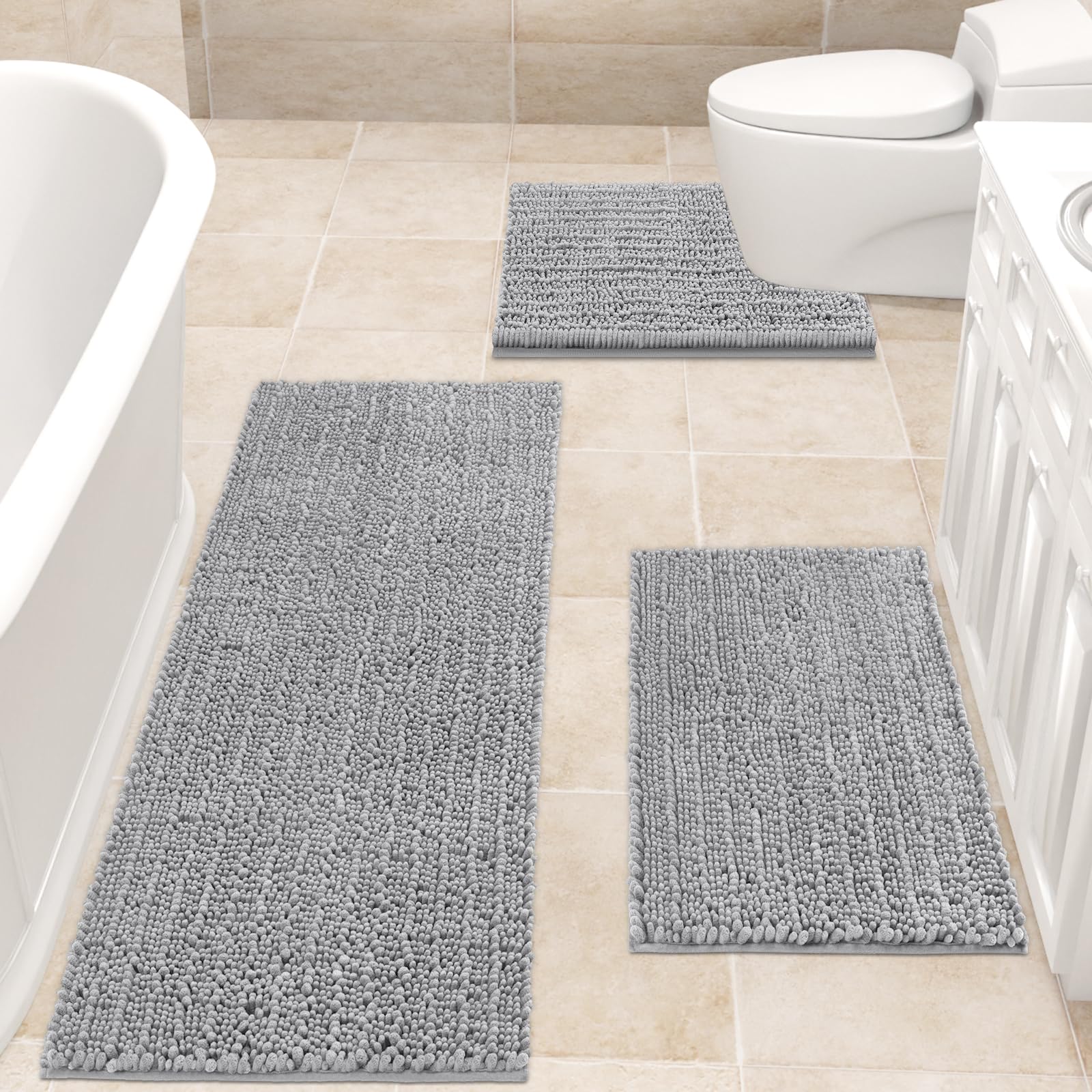 Accumtek Upgrade Extra Large Light Grey Bathroom Rug Set 3 Pieces Gray Ultra Soft, Thick Absorbent Bath Mats, Non Slip Chenille