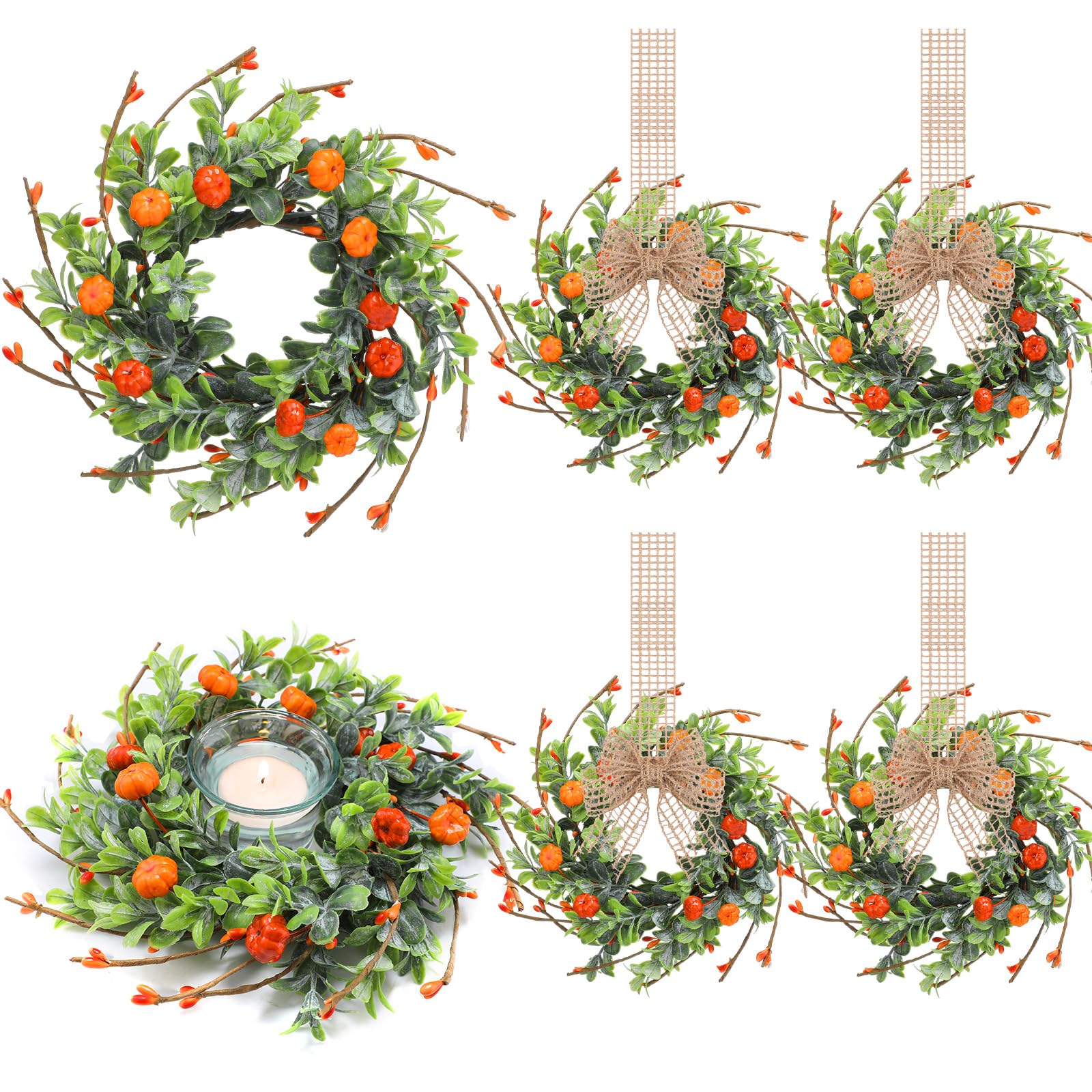 Hotop 6 Pcs Thanksgiving Candle Rings Wreaths Decorative Artificial Small Fall Wreaths Autumn Candle Holders Rattan Garland for 