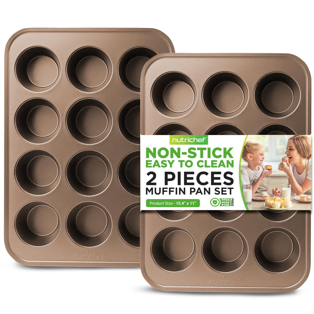 Nutrichef 2-Piece Nonstick Muffin Pan Set - Carbon Steel Cupcake Baking Pans With 12 Cups - 15 Inch X 11 Inch Baking Tray Set -