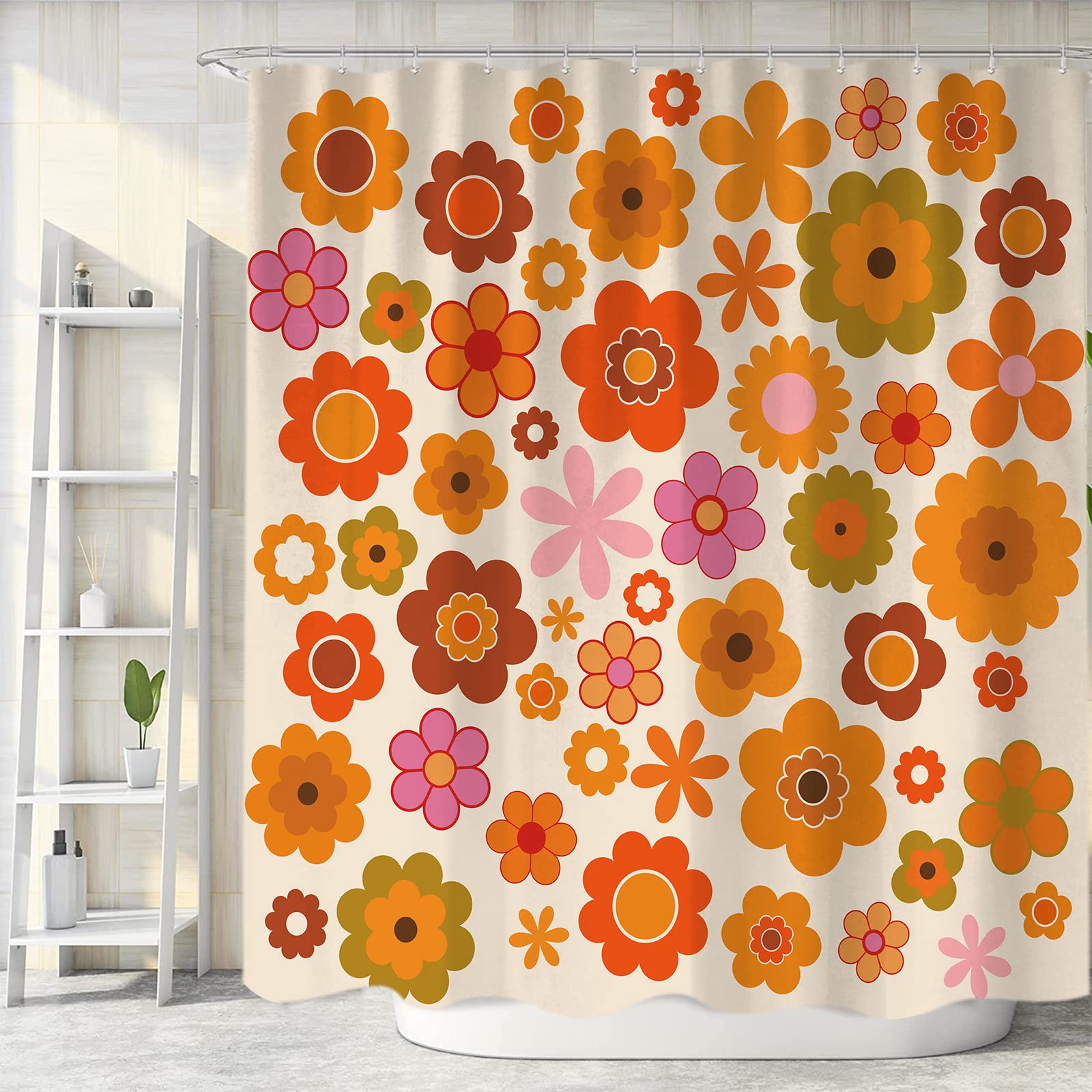 Retro Flowers Shower Curtain, Groovy Brown Orange Sun Flower Vintage 70S Fabric Shower Curtains Set For Bathroom Funky Hippie 19