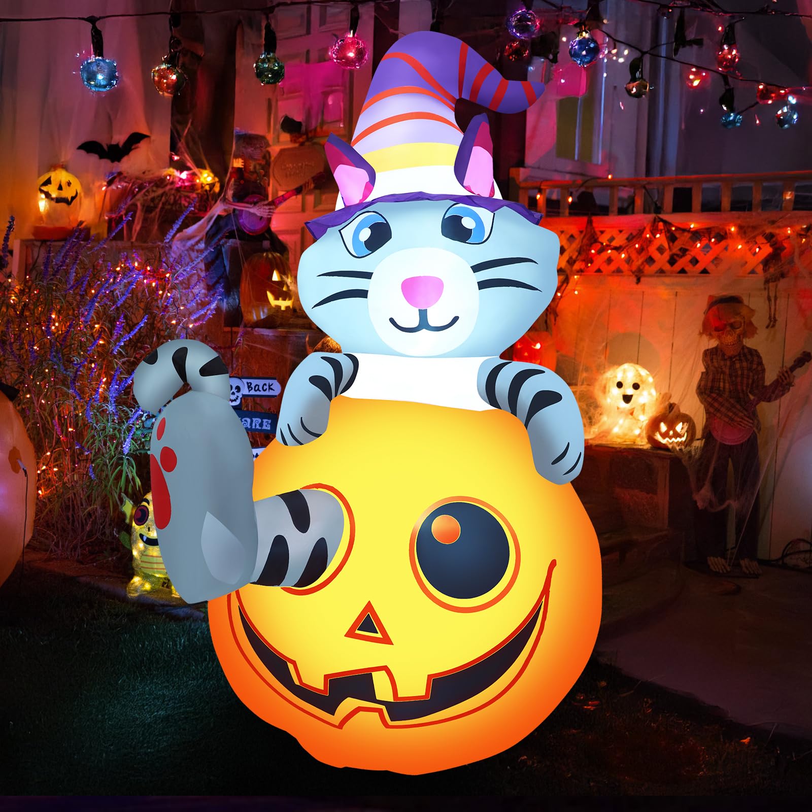 5.5ft Halloween Inflatables Cute Pumpkin Cat Outdoor Decorations Blow Up Yard Decor with Witch Hat Outside Kids Friendly Hallowe