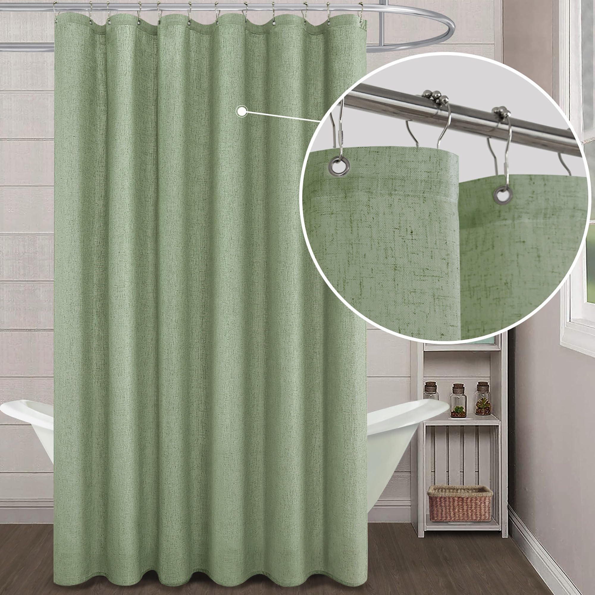 Koufall Sage Green Linen Shower Curains 84 Inch Length For Bathroom,Extra Long Curtain Liner Set With Hooks