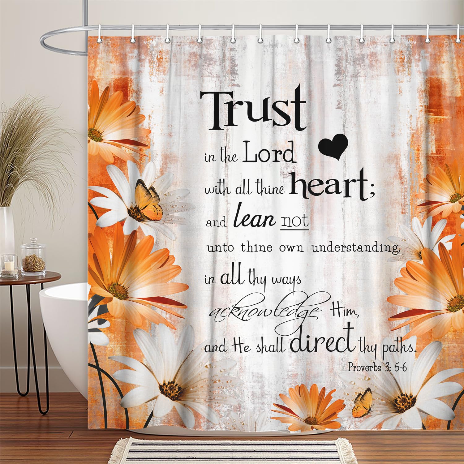 Rustic Farmhouse Orange Shower Curtain Bible Verse Inspirational Shower Curtain Country Farm Yellow Fall Daisy Flowers Butterfly