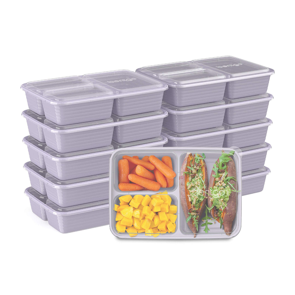 Bentgo 20-Piece Lightweight, Durable, Reusable Bpa-Free 3-Compartment Containers - Microwave, Freezer, Dishwasher Safe - Lilac