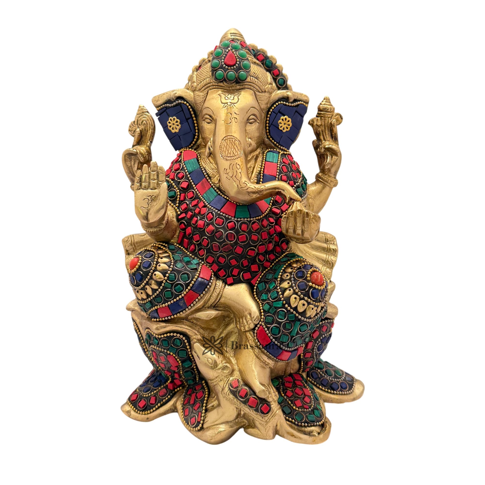 Brassaura Brass Ganesha Gem Stone Work Statue For Home And Decor Brass Ganesh Murti For Pooja Room Ganpati Idol For Home Entrace