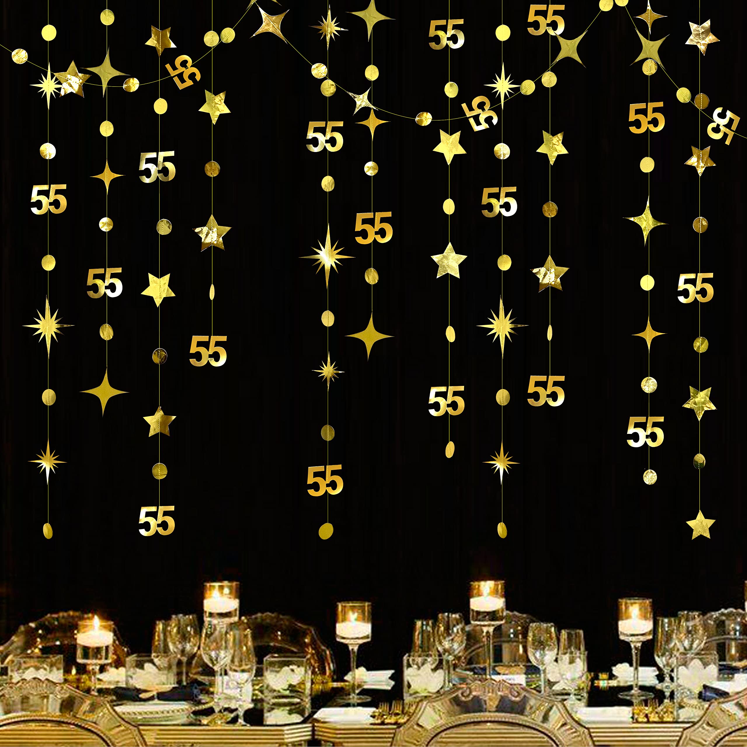 Gold 55Th Birthday Decorations Number 55 Circle Dot Twinkle Star Garland Metallic Hanging Streamer Bunting Banner Backdrop For 5