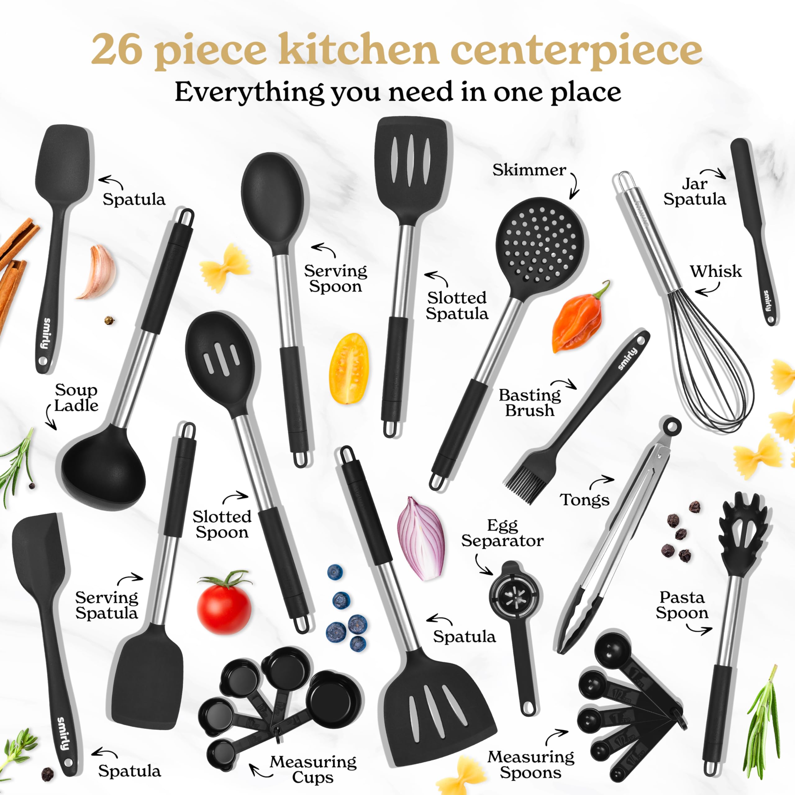 Smirly Silicone Cooking Utensils Set With Holder - Kitchen Tools For Nonstick Cookware