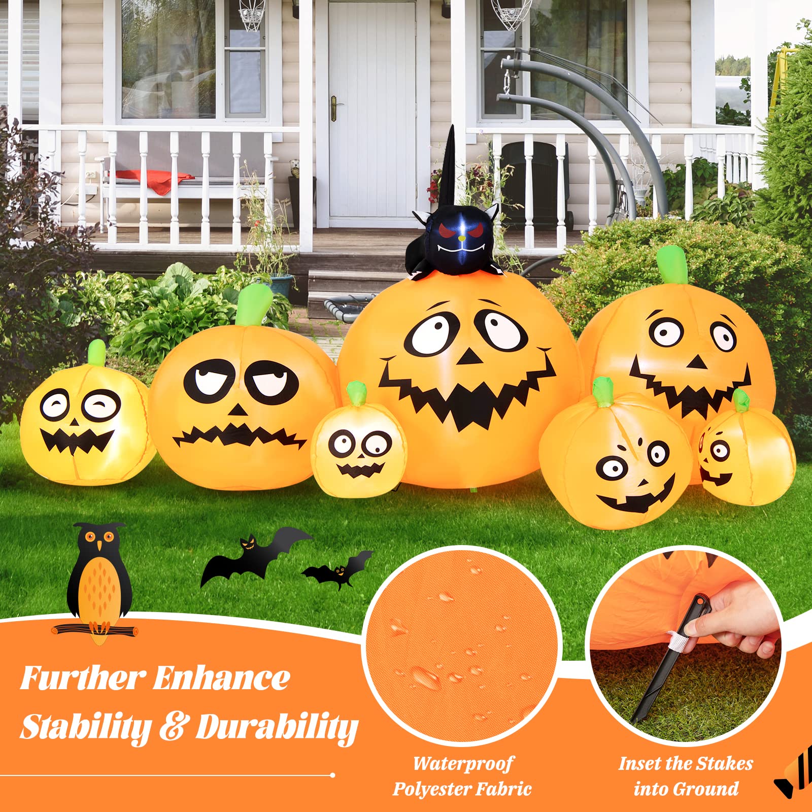 Tangkula 8 FT Halloween Inflatable Pumpkin Patch Lanterns with Witchs Cat, Blow Up 7 Pumpkins Family with Built-in LED Lights &