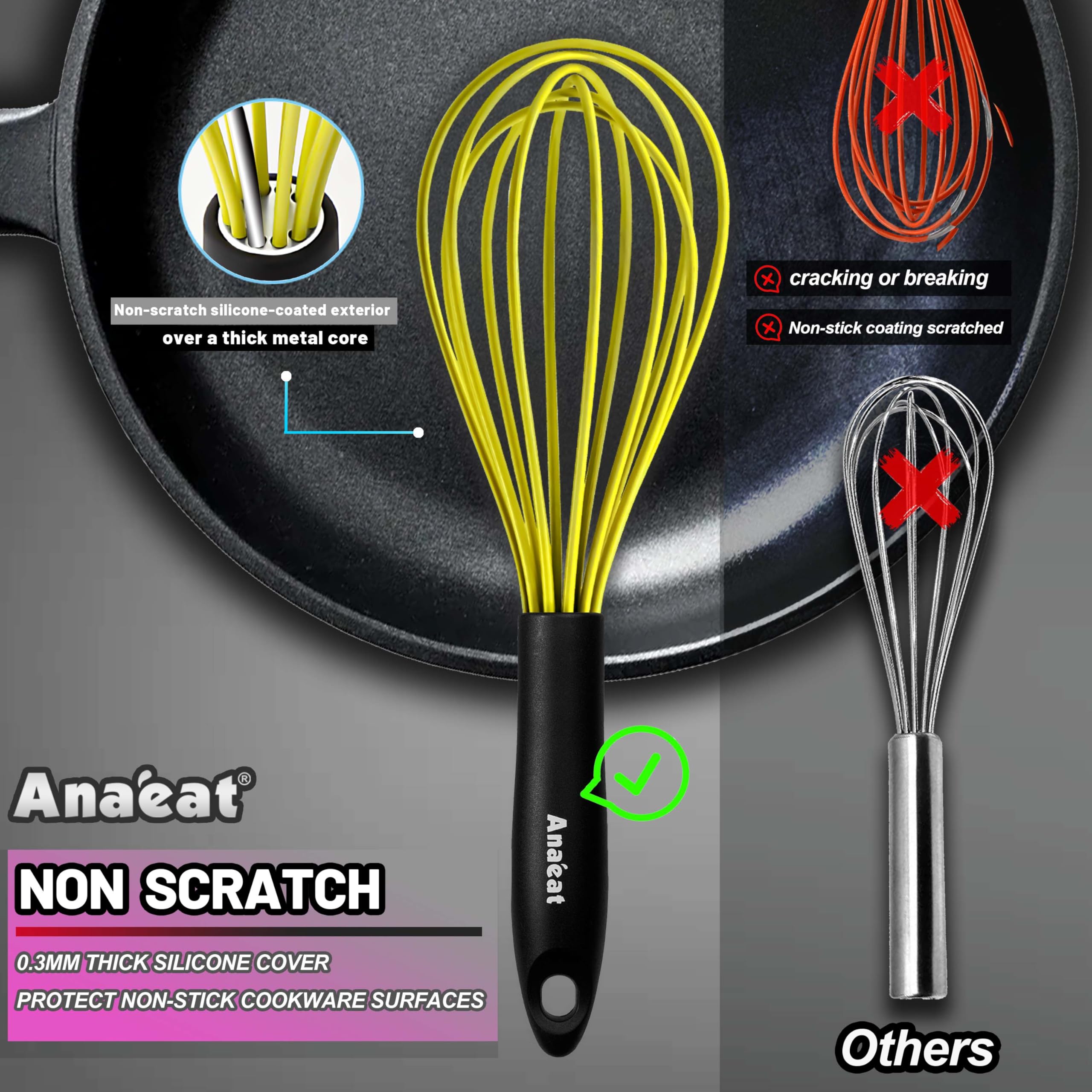 Anaeat Silicone Whisk, Thick Stainless Steel Wire Inner Heat Resistant - Kitchen Whisks For Non-Stick Cookware, Balloon Egg Beat