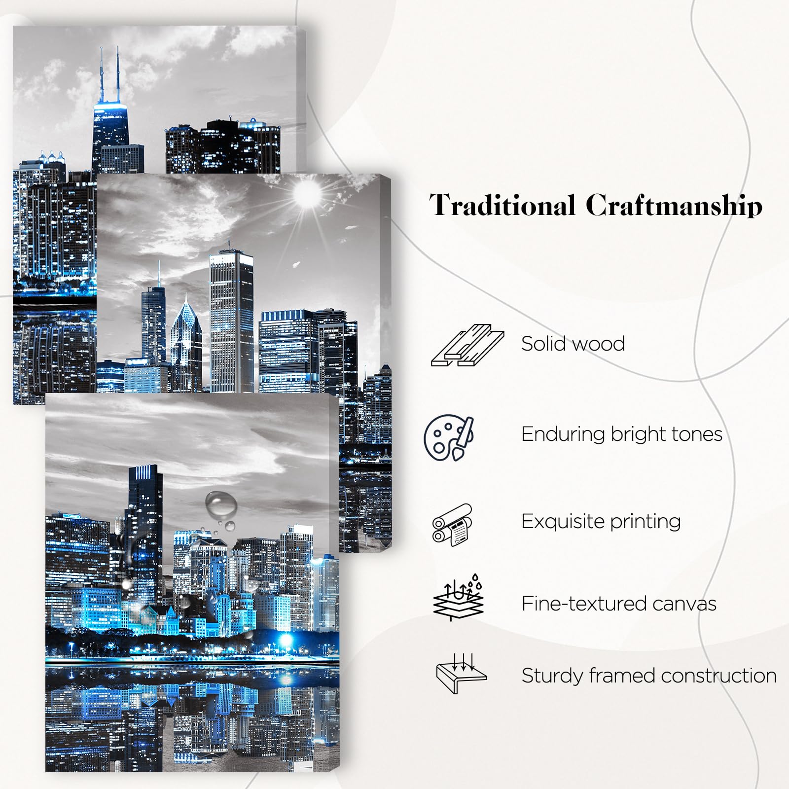 SERIMINO Wall Decor Living Room Modern City Chicago Skyline Pictures Canvas Wall Art for Bedroom Poster for Office Farmhouse 3 Pieces Set Wood Framed Night Scene Prints Paintings for Home