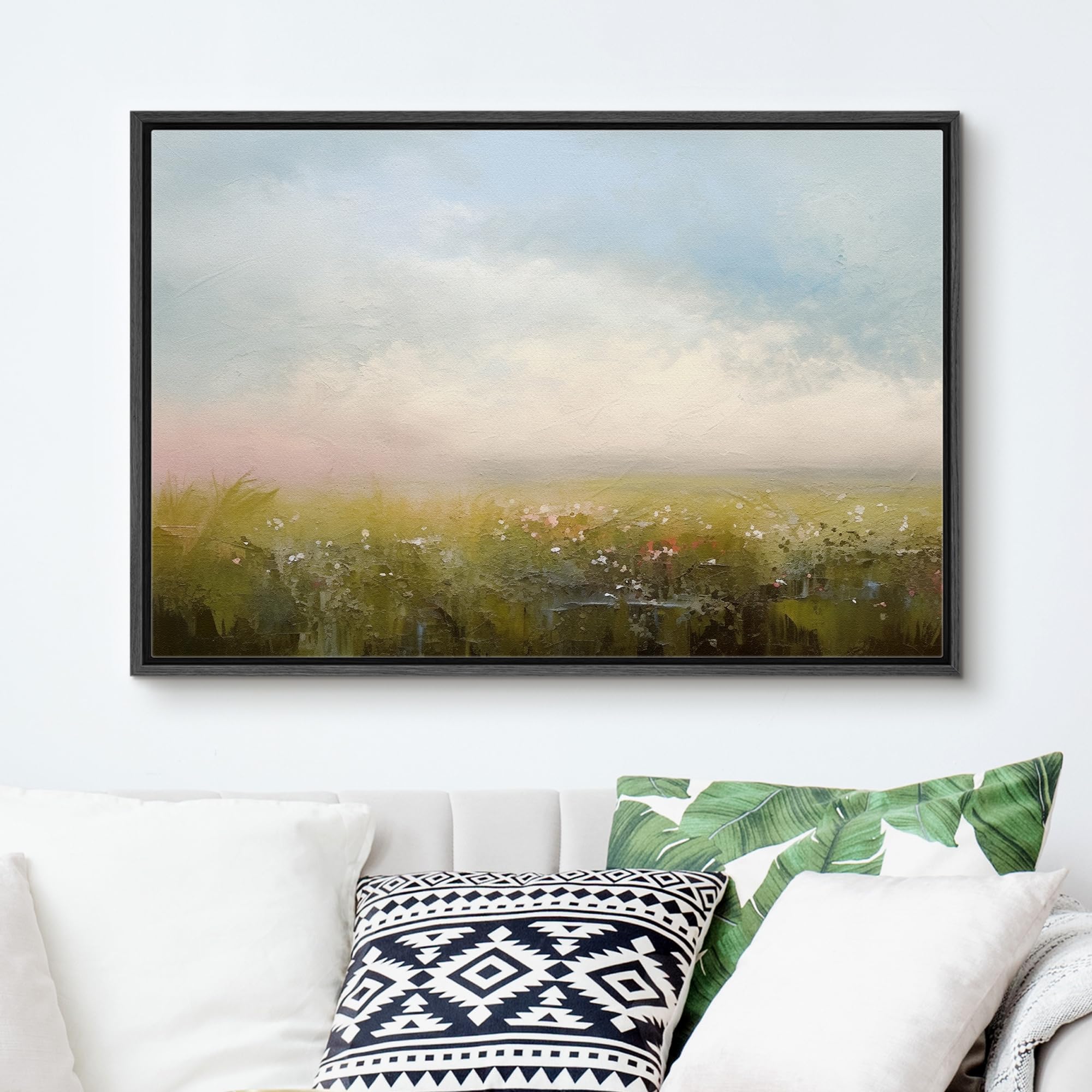 Signford Framed Canvas Print Wall Art Sunset Clouds Green Flower Meadow Nature Wilderness Illustration Minimalism Decorative Col