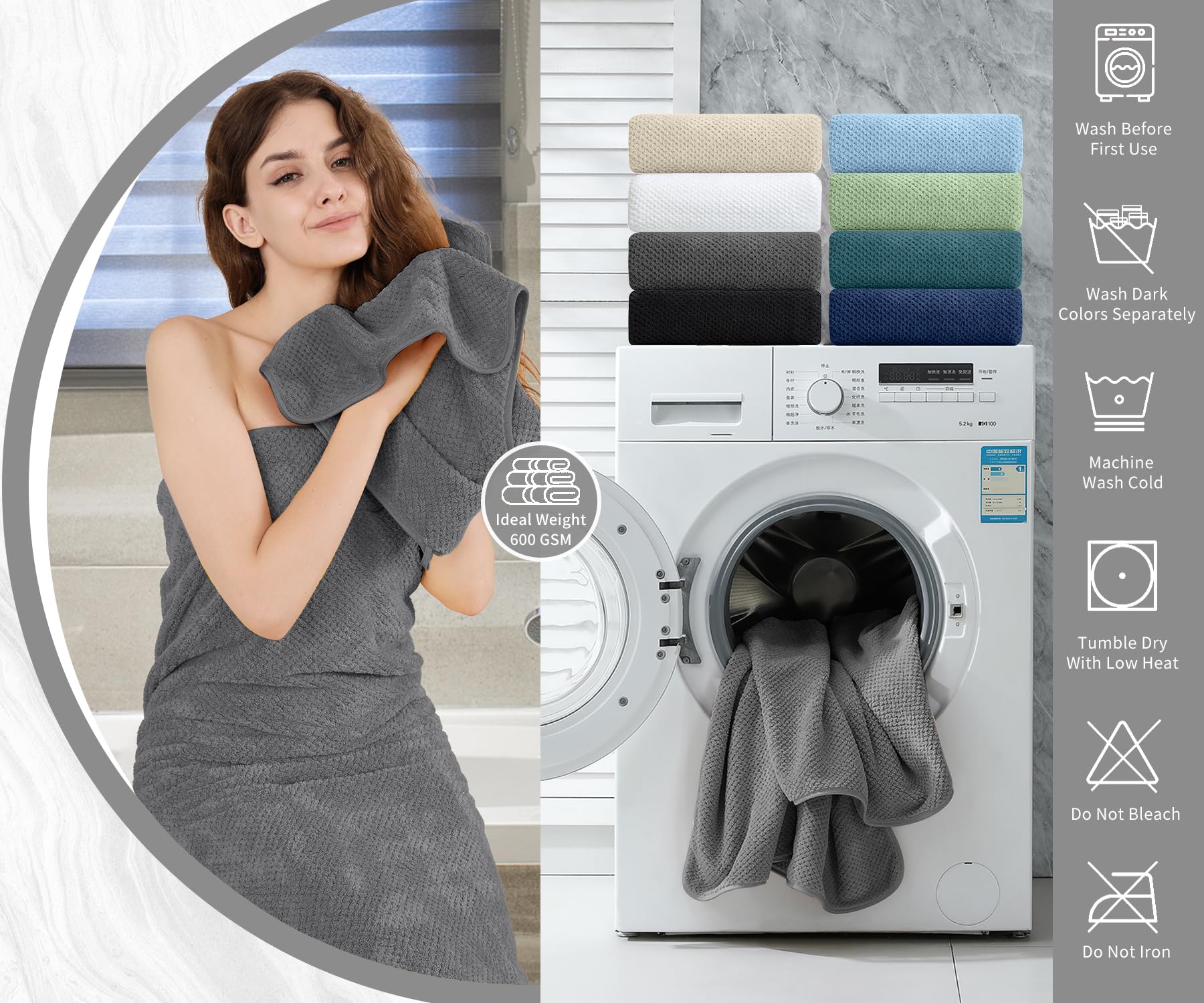 8 Piece Bathroom Towel Set Dark Gray 2 Oversized Large Bath Towels Sheet 2 Hand Towels and 4 Washcloths 600GSM Ultra Soft Luxury Premium Towel Set Highly Absorbent Quick Dry Hotel Towel Collection