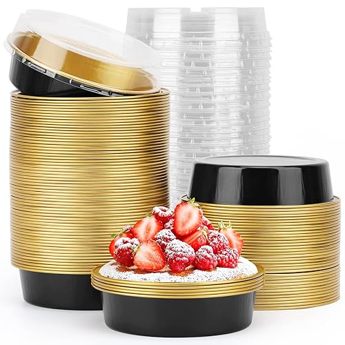 Beasea Aluminum Cupcake Pans With Lids  4 Inch 100 Pack Disposable Pie Pans For Cake  8 Oz Aluminum Pie Pan Tin Black Golden Tart Pans Round Oven Baking Mini Cake Pan For Pie Tart Quiche