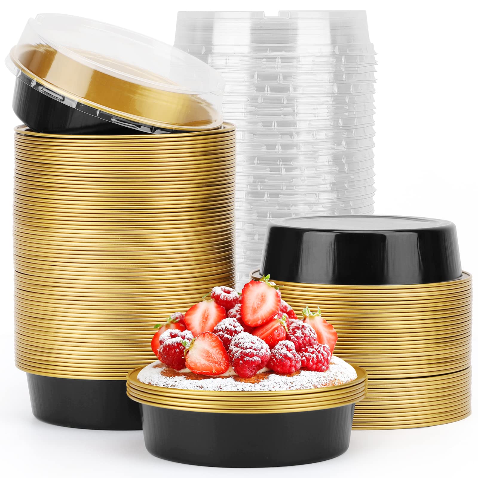 Beasea Aluminum Cupcake Pans With Lids, 4 Inch 100 Pack Disposable Pie Pans For Cake, 8 Oz Aluminum Pie Pan Tin Black Golden Tar