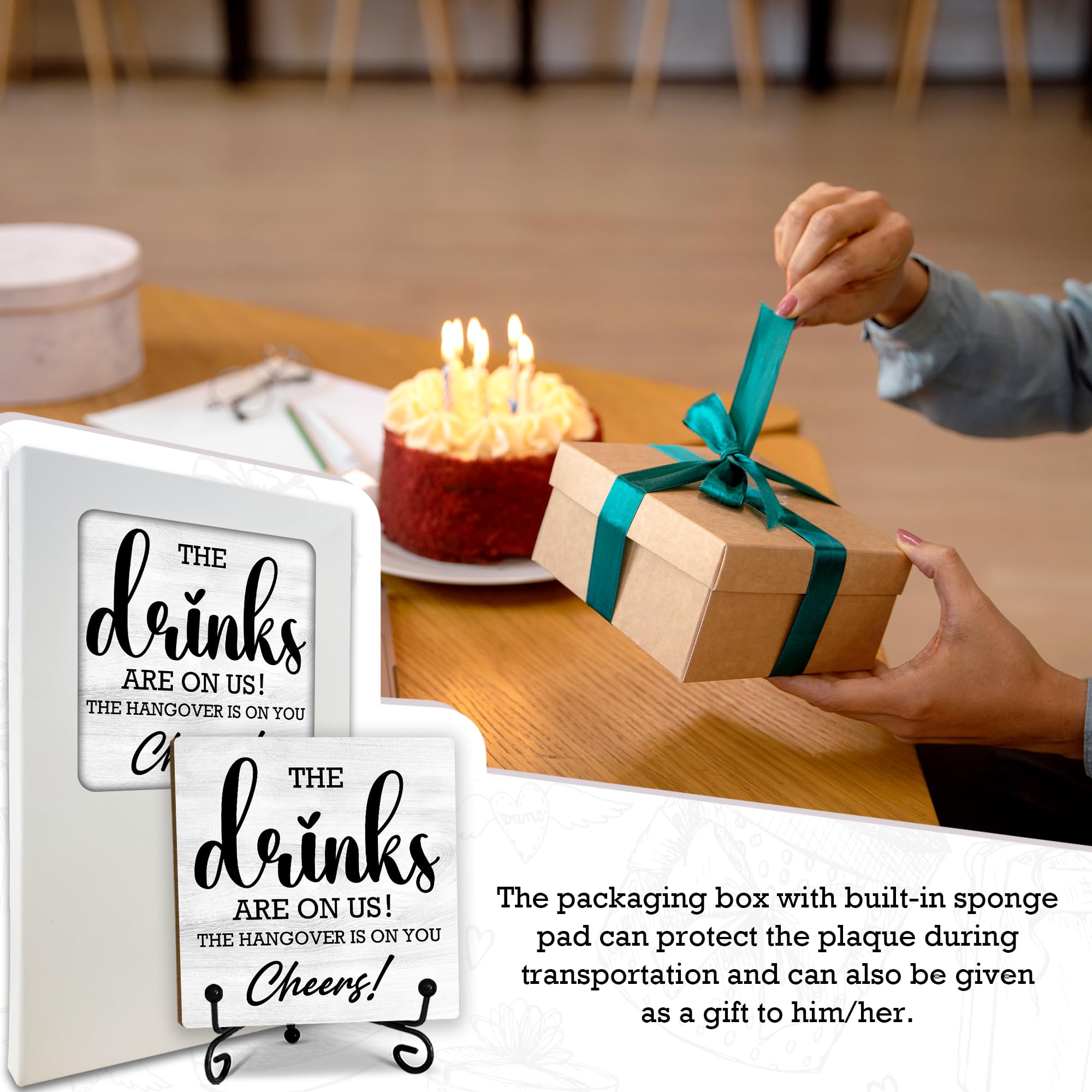 5 Inches Bar Decor, The Drinks Are On Us! Cheers! Desk Table Decoration, Wood Plaque with Stand for Home Bar decorations for hom