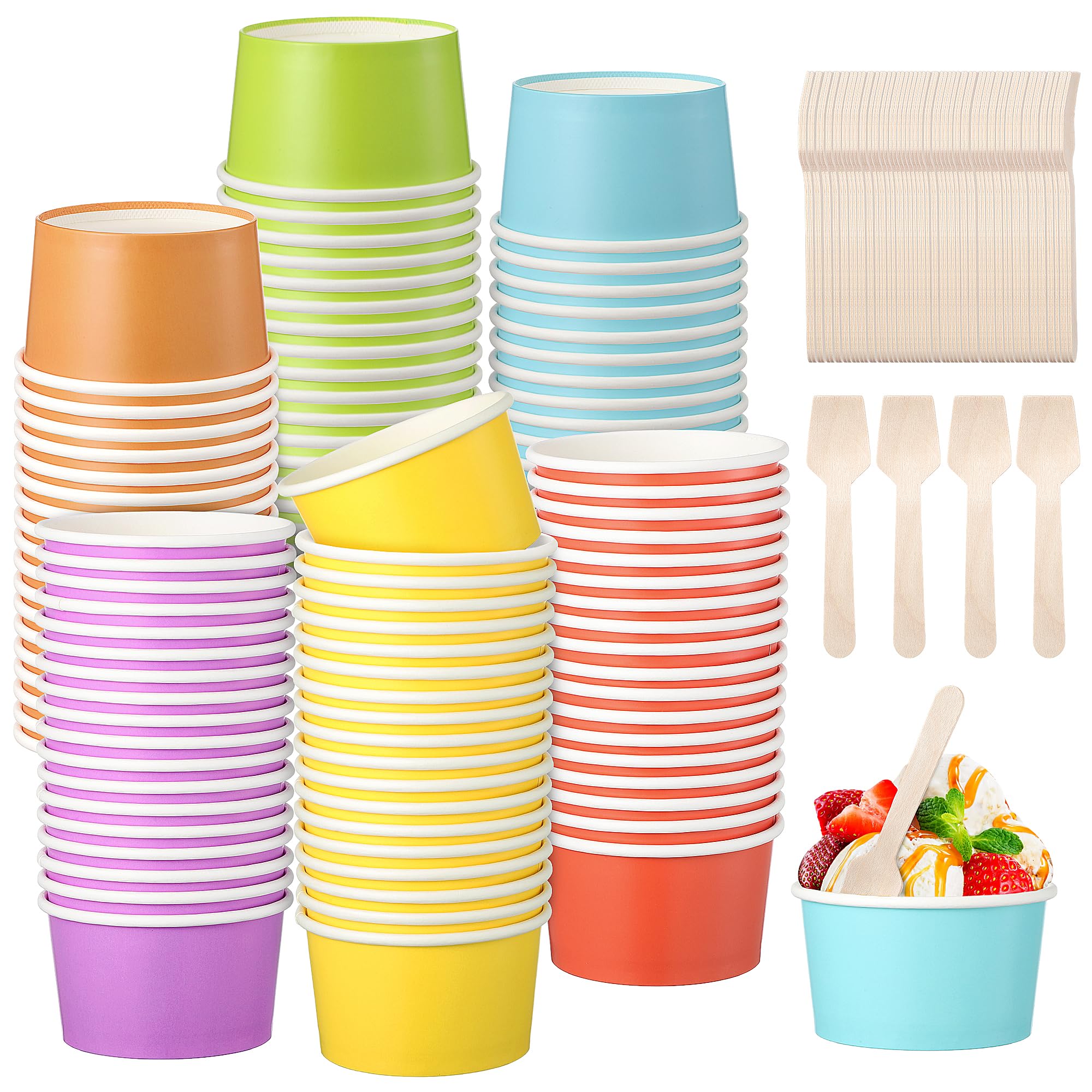 Kochorie 120 Pack 6oz Rainbow Paper Ice Cream Cups with Spoons Colorful Party Paper Cups Disposable Dessert Sundae Bowls for Ice