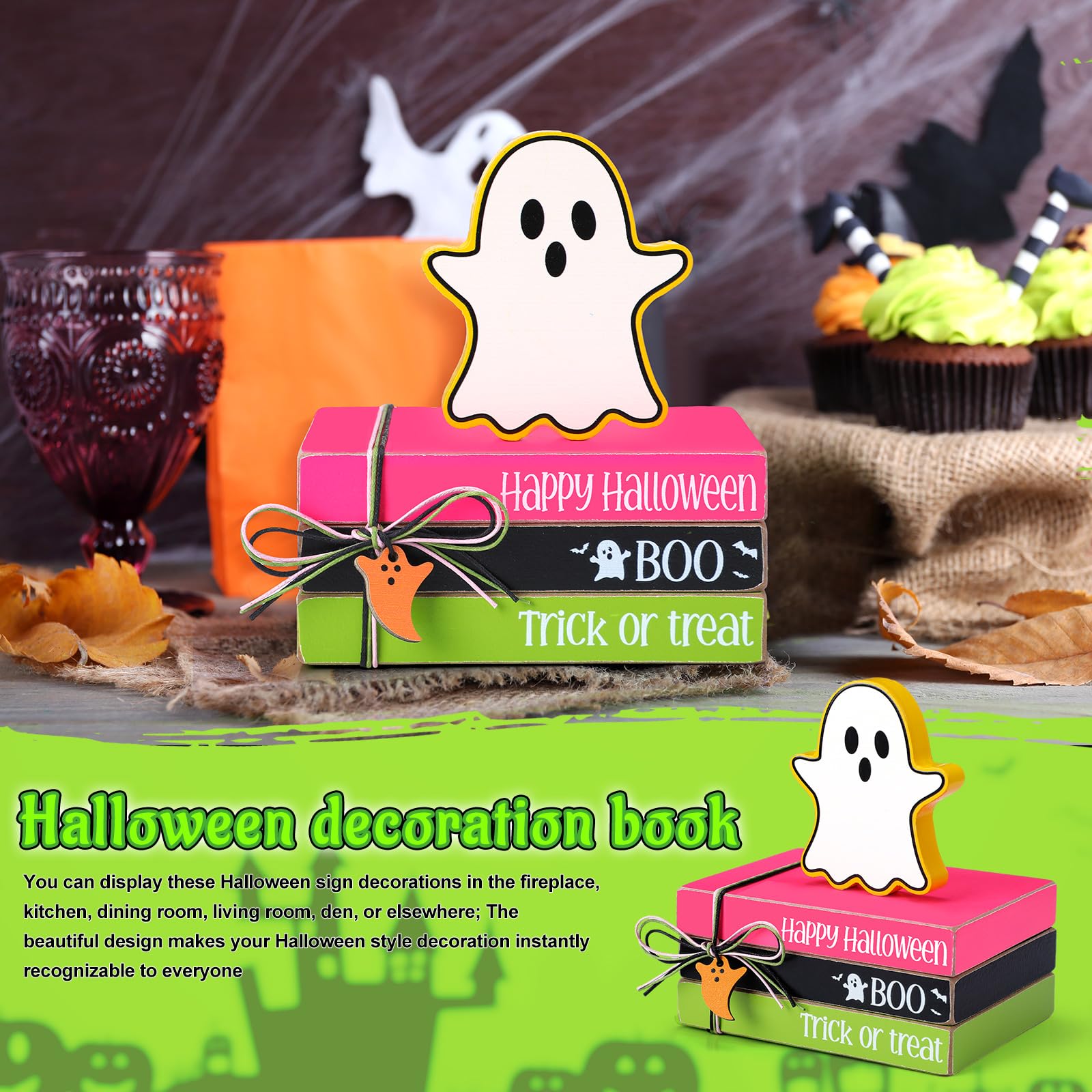 Yookeer 4 Pieces Halloween Ghost Decor Wooden Ghost Tiered Tray Decor Wood Book Stack Halloween Neon Sign Table Sign for Home Ro