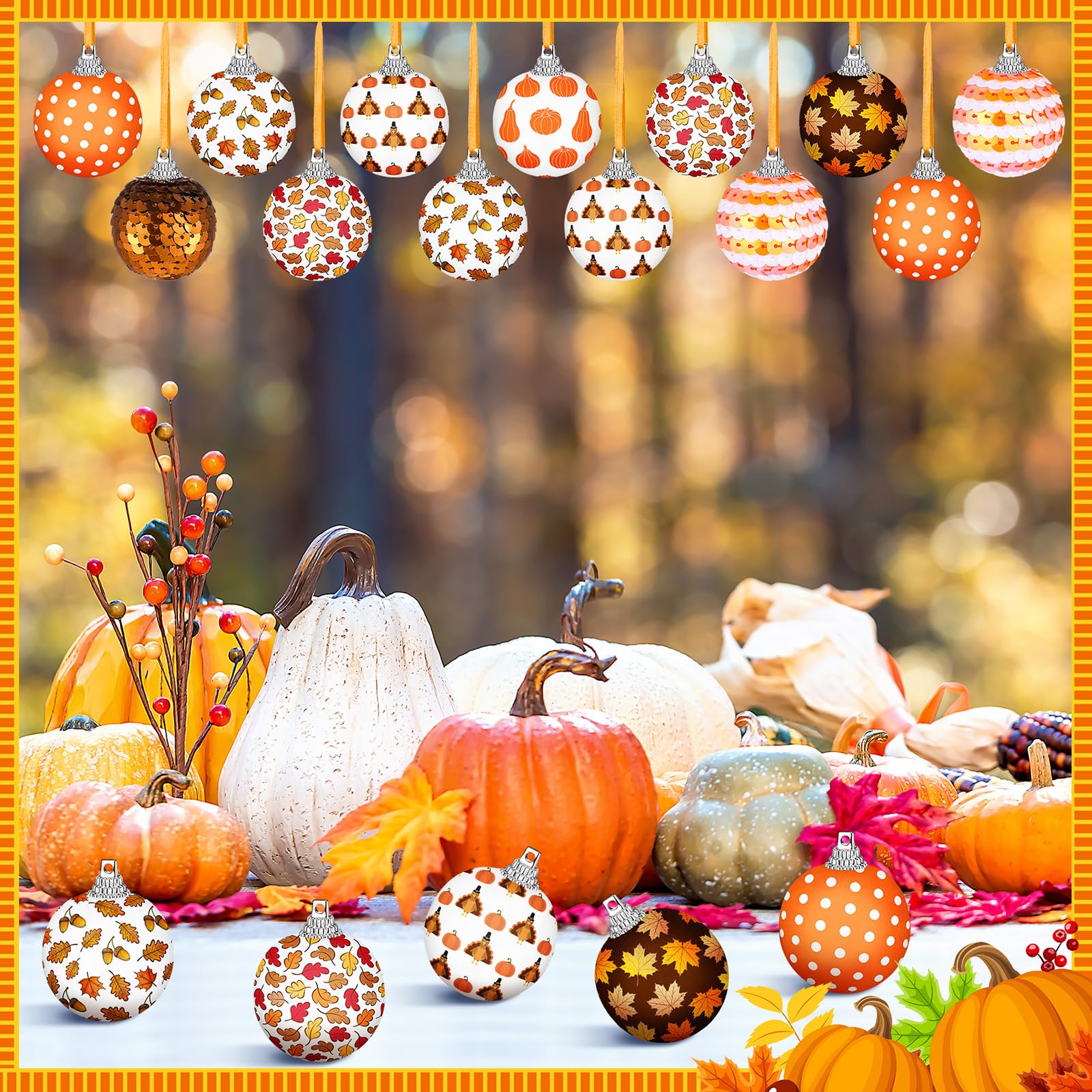 Blosssound 16 Pcs Thanksgiving Hanging Tree Ornaments 1.57 Inch Fall Decorations Autumn Ball Ornaments for Tree Thanksgiving Fal