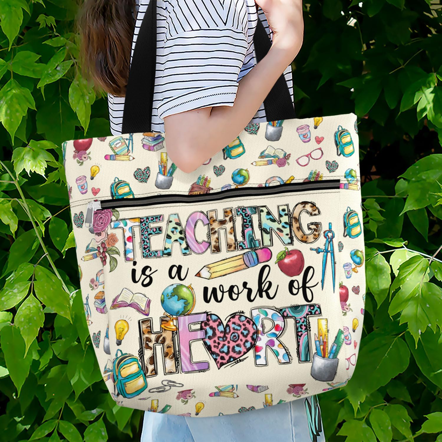 84Hoods Aesthetic Tote Bag For Women Gift For Teacher. Cute Graphic Large Shoulder Bag 15 Inch With Pockets And Zipper For Work.