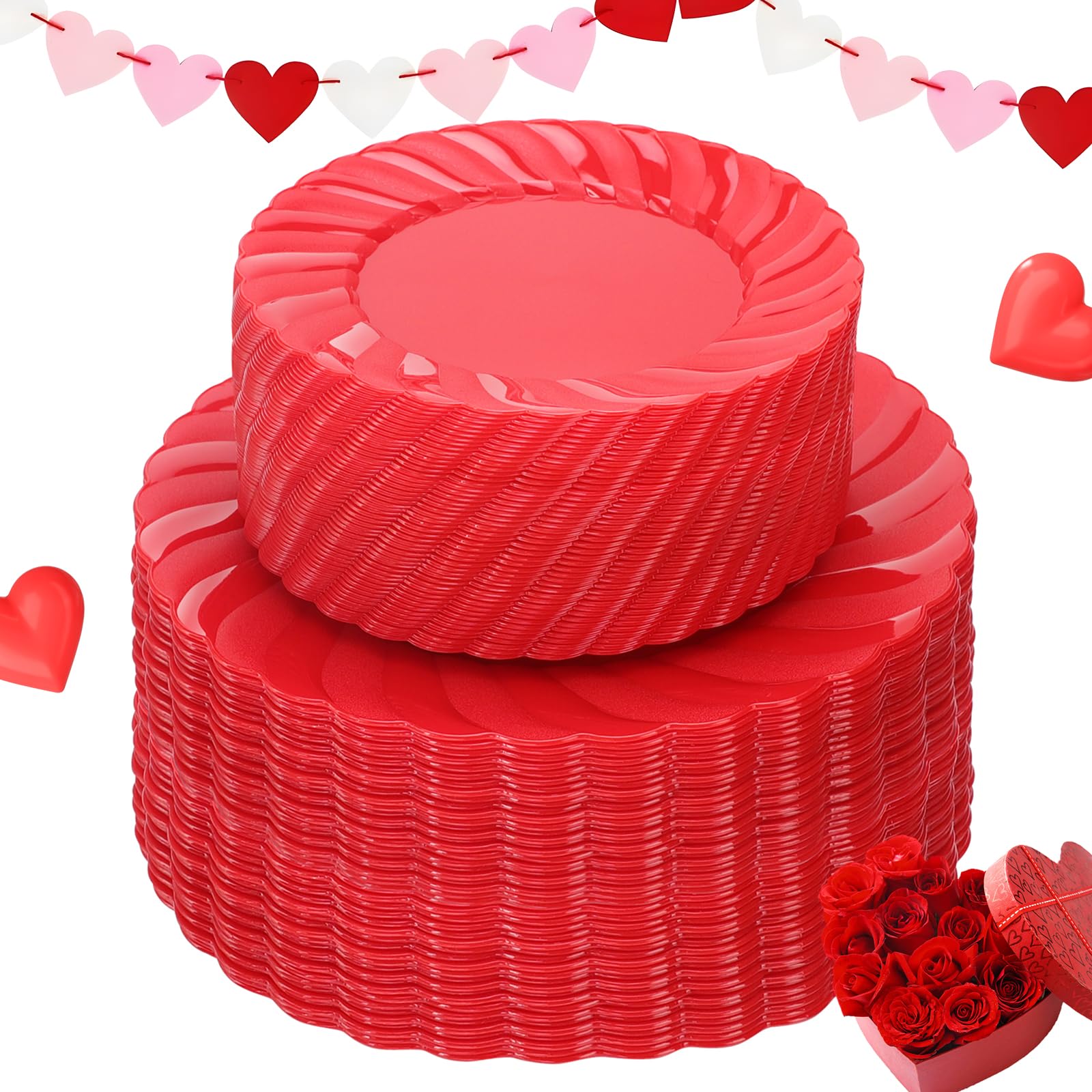 U-Qe 100Pcs Red Plastic Plates - Red Scalloped Plastic Plates For Party - Heavy Duty Red Valentines Plates Disposable Include 50