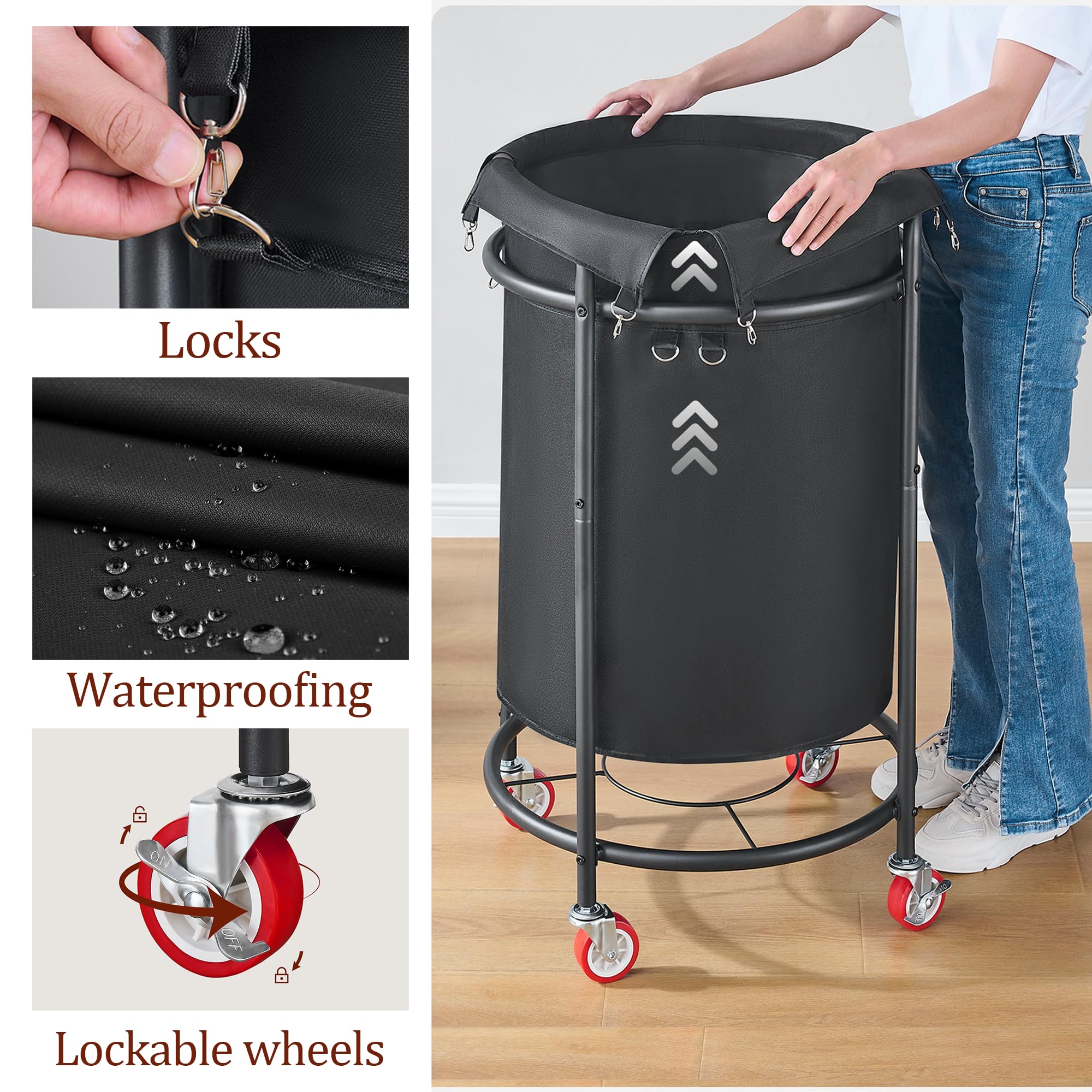 Laundry Basket With Wheels, Rolling Laundry Hamper, 50 Gal. (190L), Round Laundry Sorter Cart With 4 Casters, Removable Liner, S