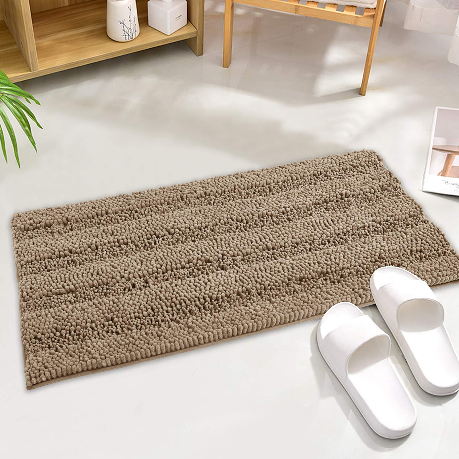 Non-Slip Bathroom Rugs - Quick Drying Chenile Bath Mat Absorbent Super Soft Microfiber Floor Carpet For Tub Kitchen, Browm, 47''