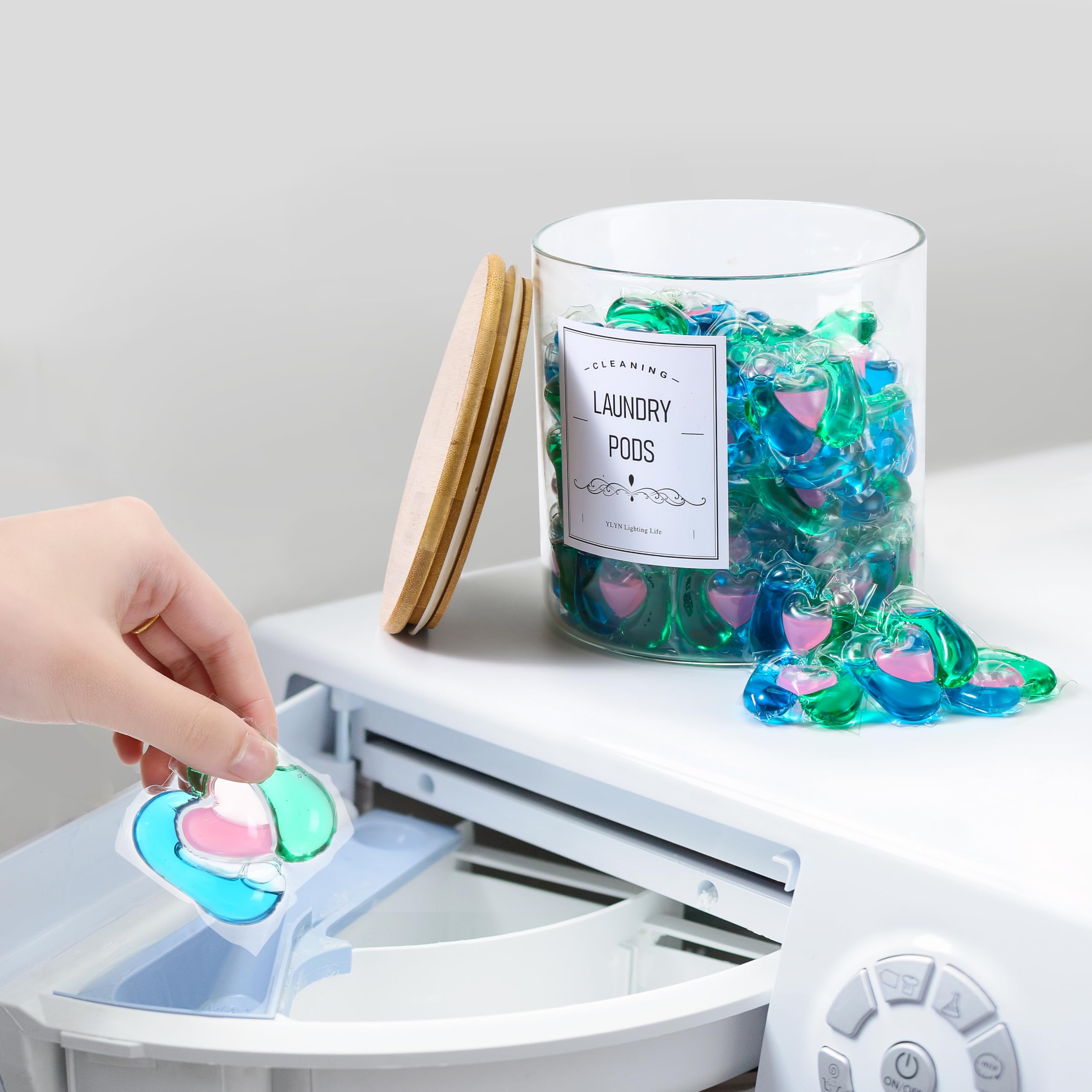 Glass Jars For Laundry Room Organization Jars- Laundry Pods Container With Airtight Bamboo Lid- Dishwasher Pods Container. Laund