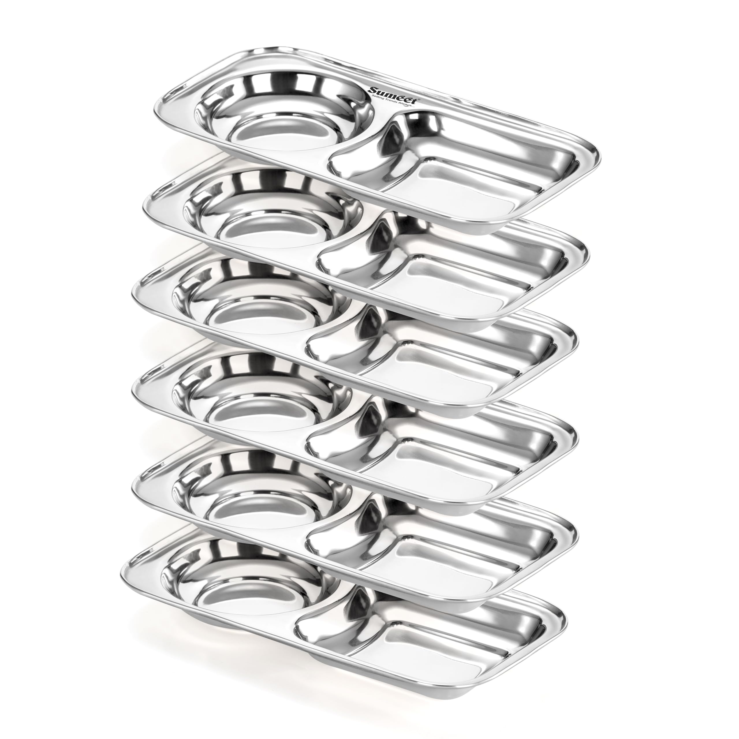 Sumeet Stainless Steel Small 2 in 1 Compartment Partition Plate usefull for Snacks Breakfast Portion Control Meal Diet  Rectangle  23.5 x 11.7cm  Set of 6Pcs