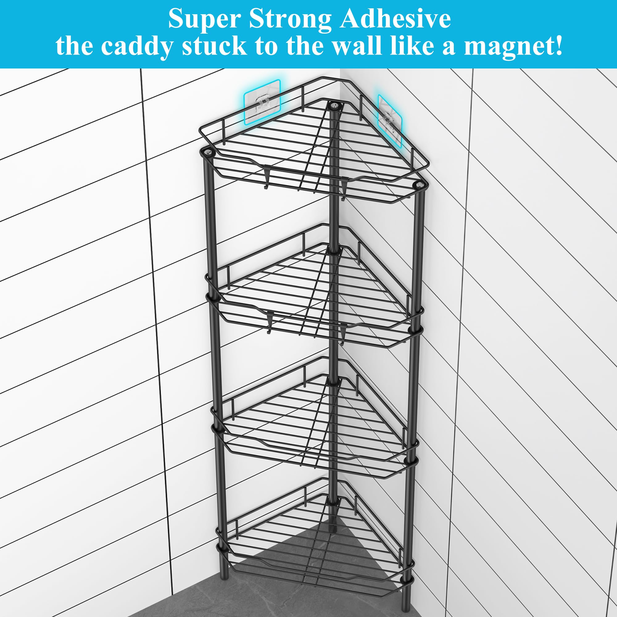 Huggiegems 4 Tier Floor Standing Corner Shower Caddy Organizer Shelf With Hooks, Bathroom Shelves Stand Rack, Gray