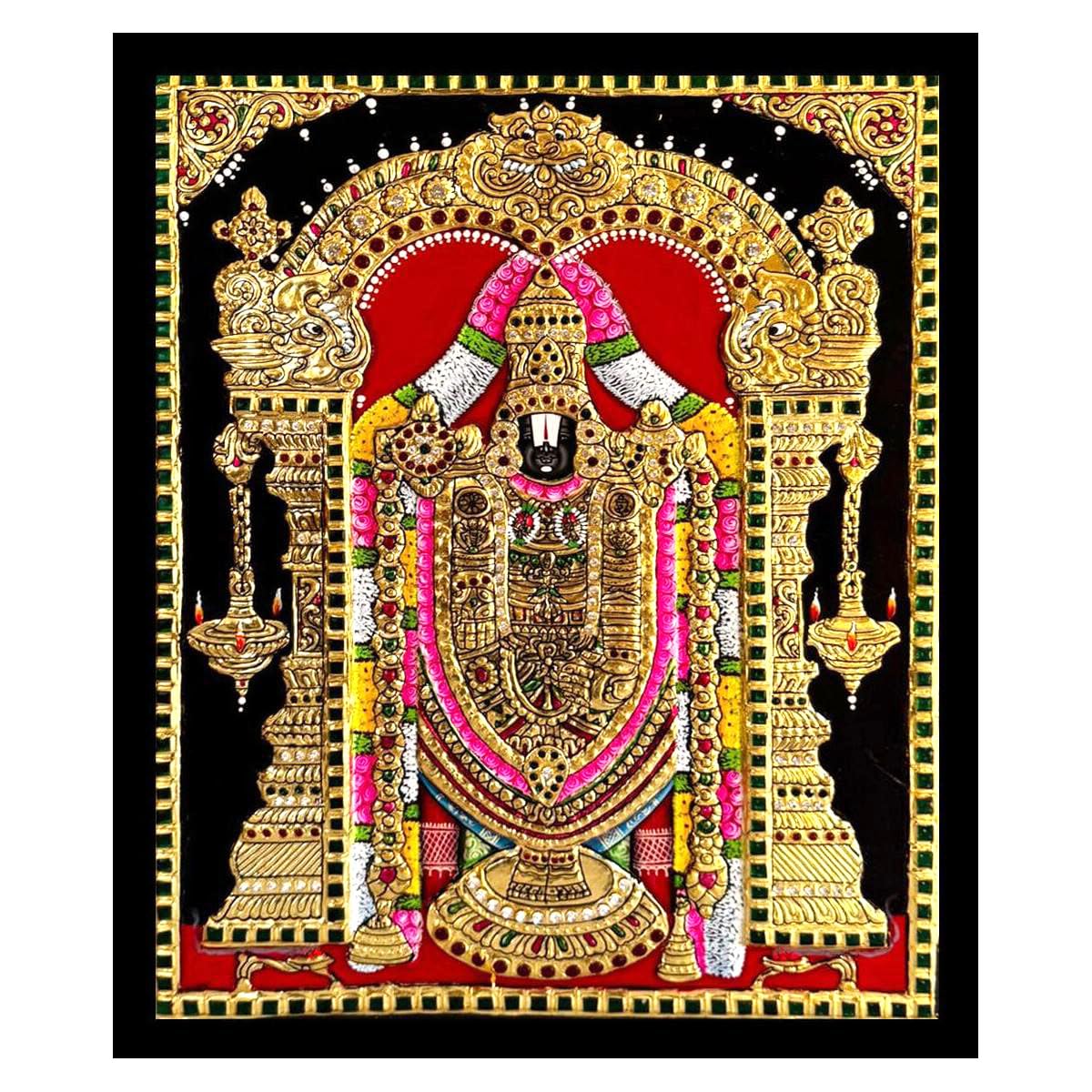Tarang Arts Lord Balaji Tanjore Paintings With Chettinad Wood Classic Frame, 22Carat Gold Foil & Jaipur Stones Handwork Painting