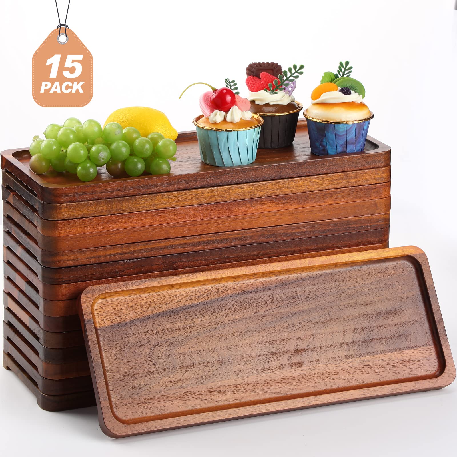 Skylety 15 Pack Solid Wood Serving Tray Large Acacia Party Server Platter Rectangular Charcuterie Board With Grooved Handle For