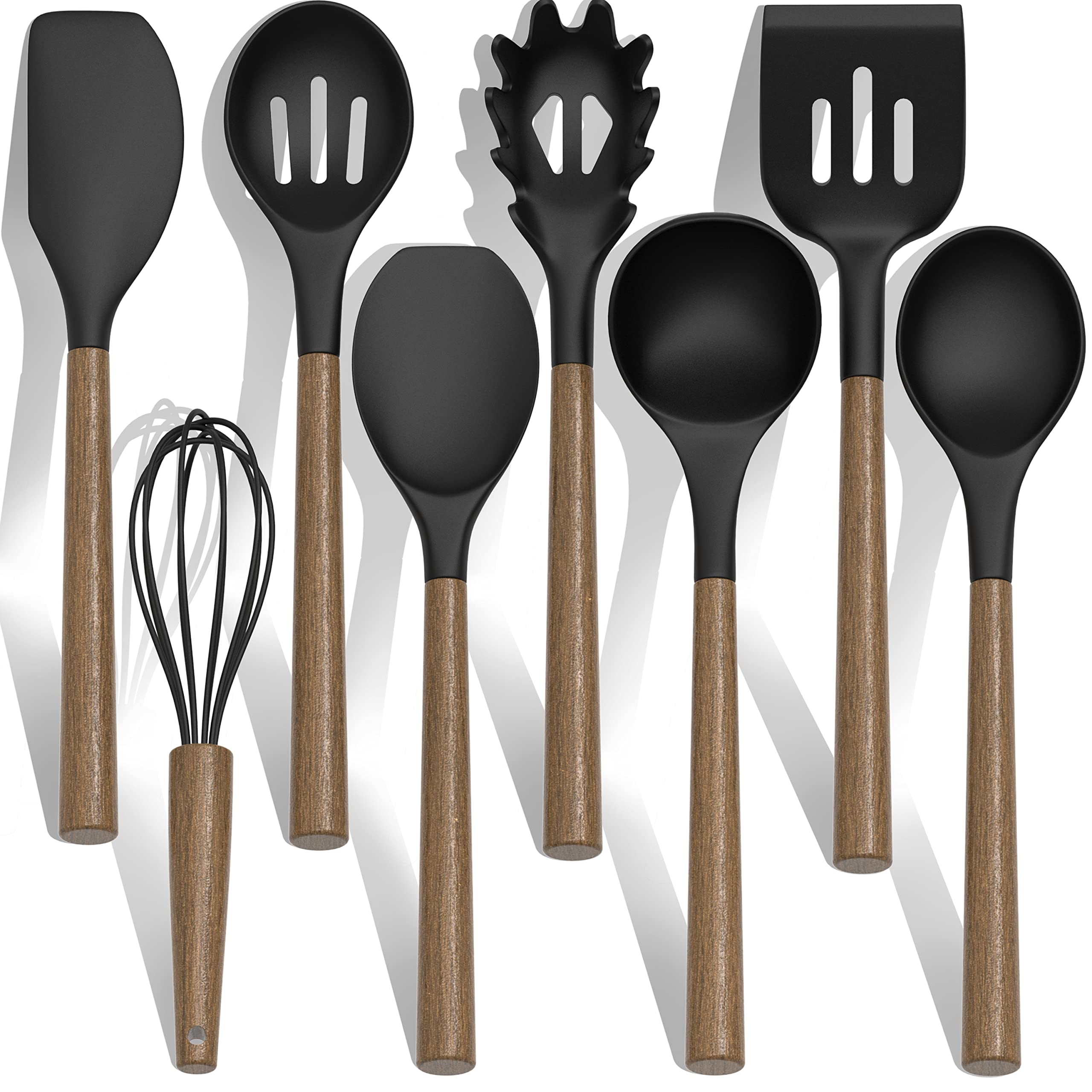 Silicone Kitchen Cooking Utensil Set, 9Pcs Kitchen Utensils Spatula Set With Wooden Handle For Nonstick Cookware, 446F Heat Resi