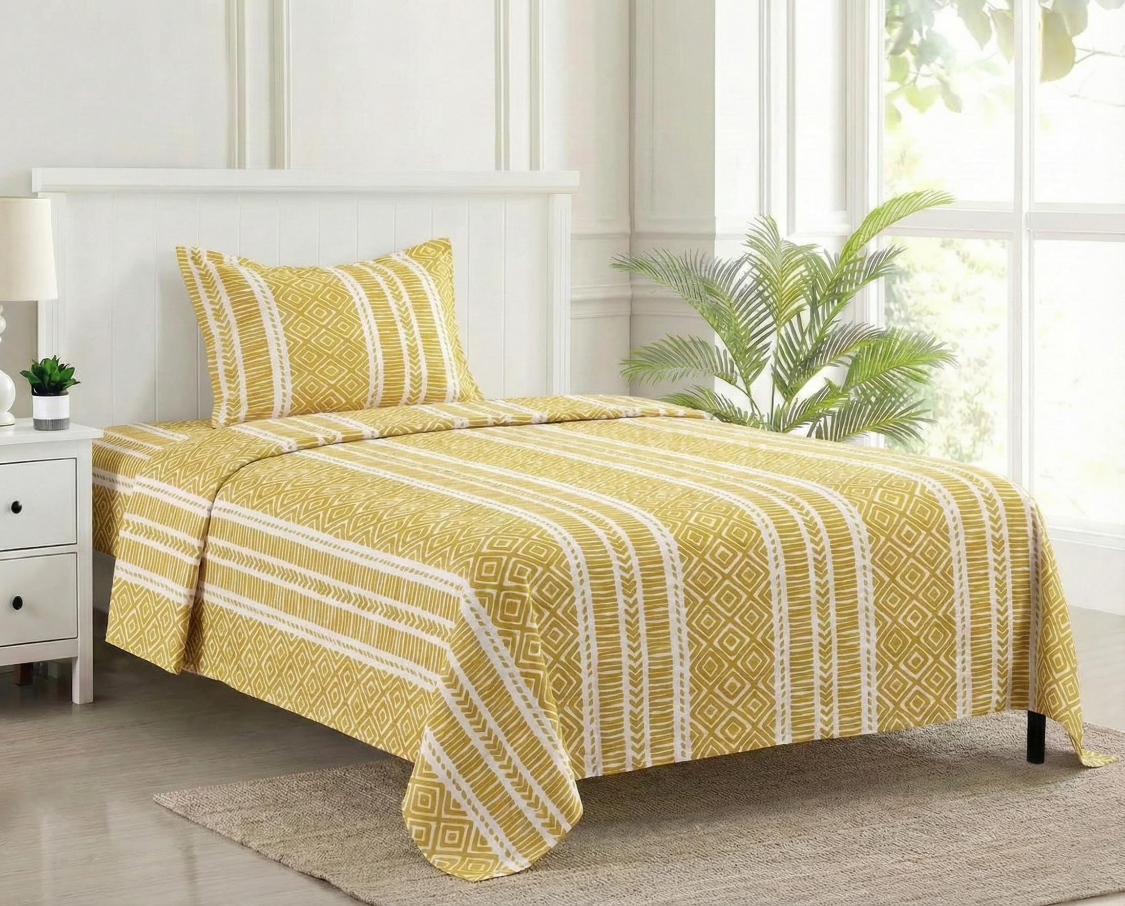 Trance Home Linen 180 Tc | 100% Cotton Single Flat Bedsheet With 1 Pillow Cover | Rotary Printed Breathable And Skin Friendly Be