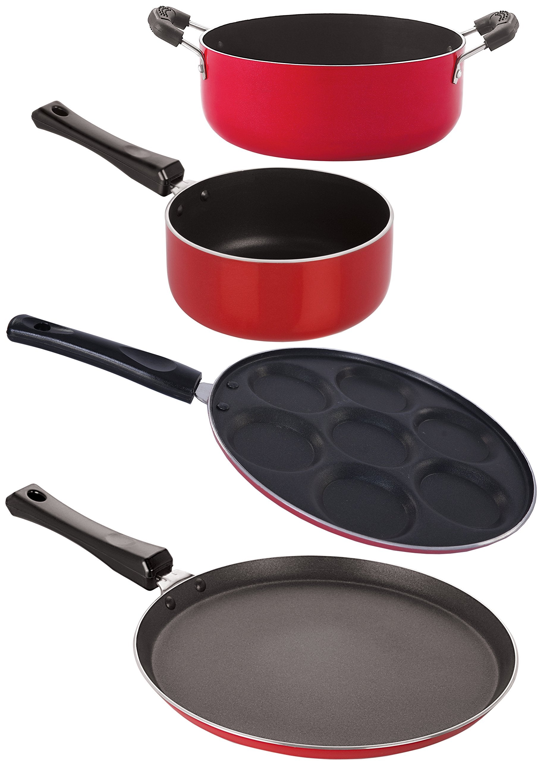 Nirlon NonStick Aluminum Cookware Set, 4Piece, Red And Black (2.6Mm_Ft13_Spm_Up_Cass20)
