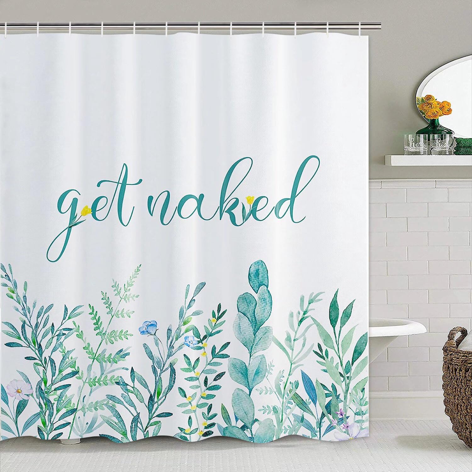 Ddqq 4Pcs Spring Dragonfly Shower Curtain Set Yellow Flower Bathroom Sets With Rugs, Green Leaf Bathroom Shower Curtain Set With