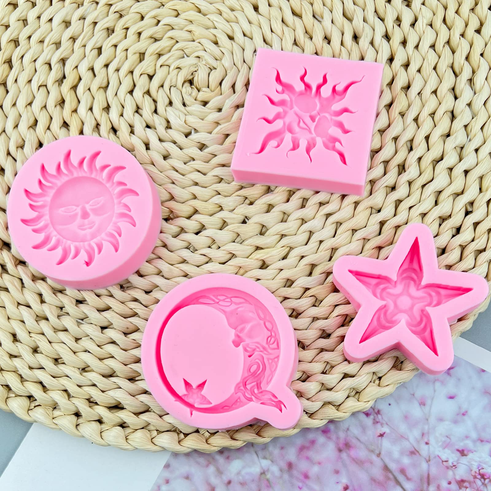 Greek Sun God Fondant Molds 4Pcs, Moon Star Cake Decorating Silicone Molds, Chocolate Candy Clay Molds For Cupcake Toppers, Resi