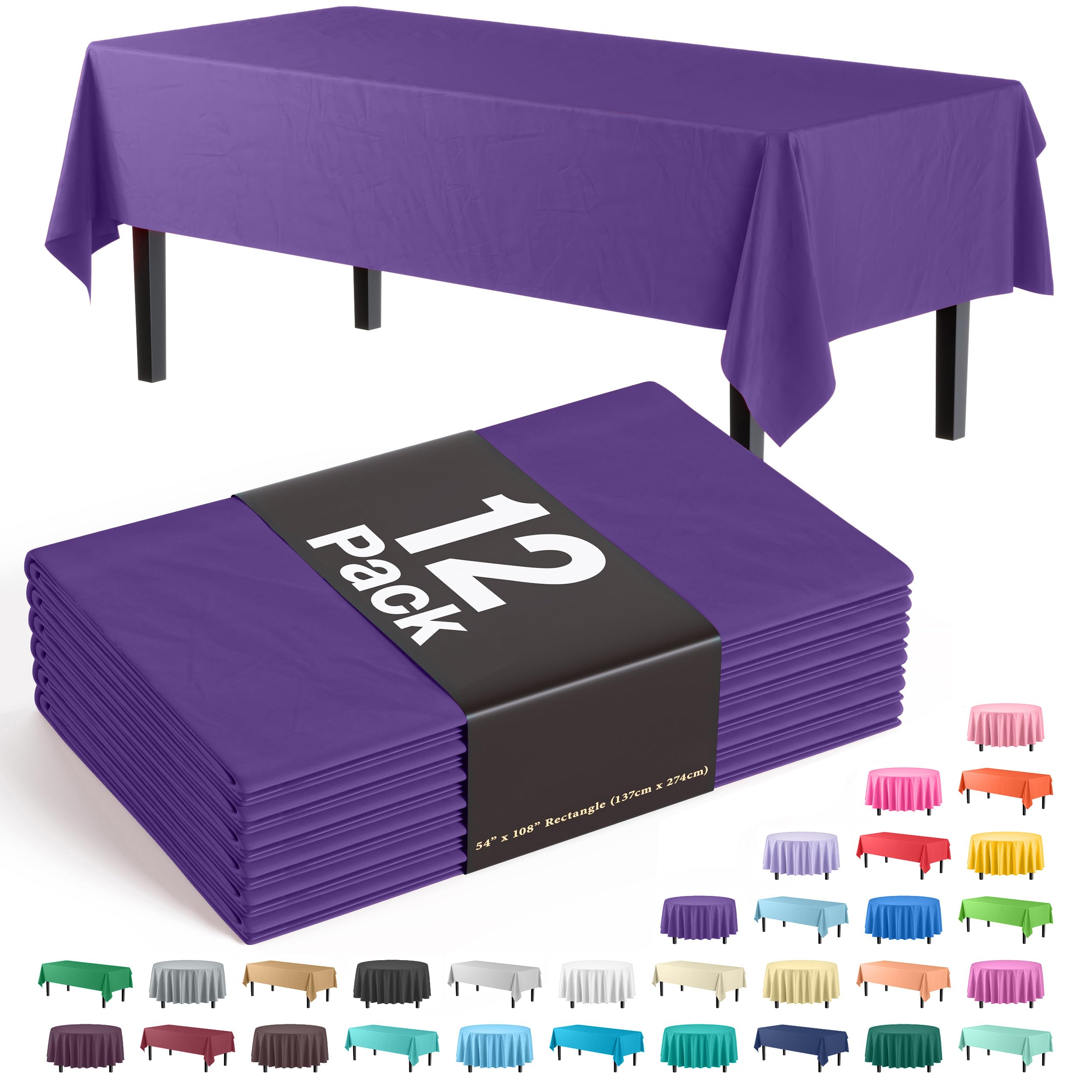 Exquisite 12-Pack Premium Plastic Tablecloth 54In. X 108In. Rectangle Table Cover - Purple