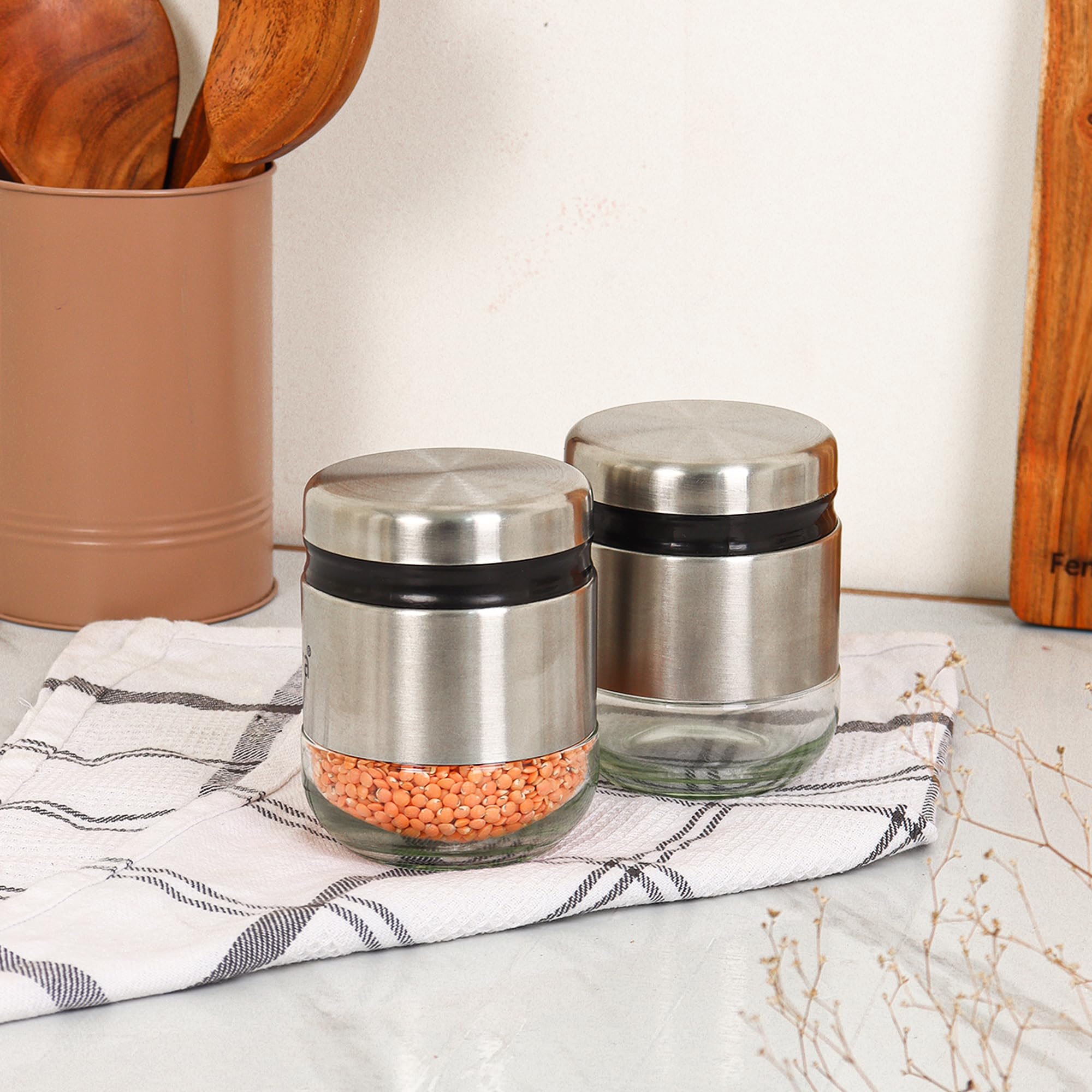 Femora Cylindrical SeeThrough Glass Jars With Stainless Steel Body | Airtight Storage Jars For Snacks, Dry Fruits, Masala & Coo