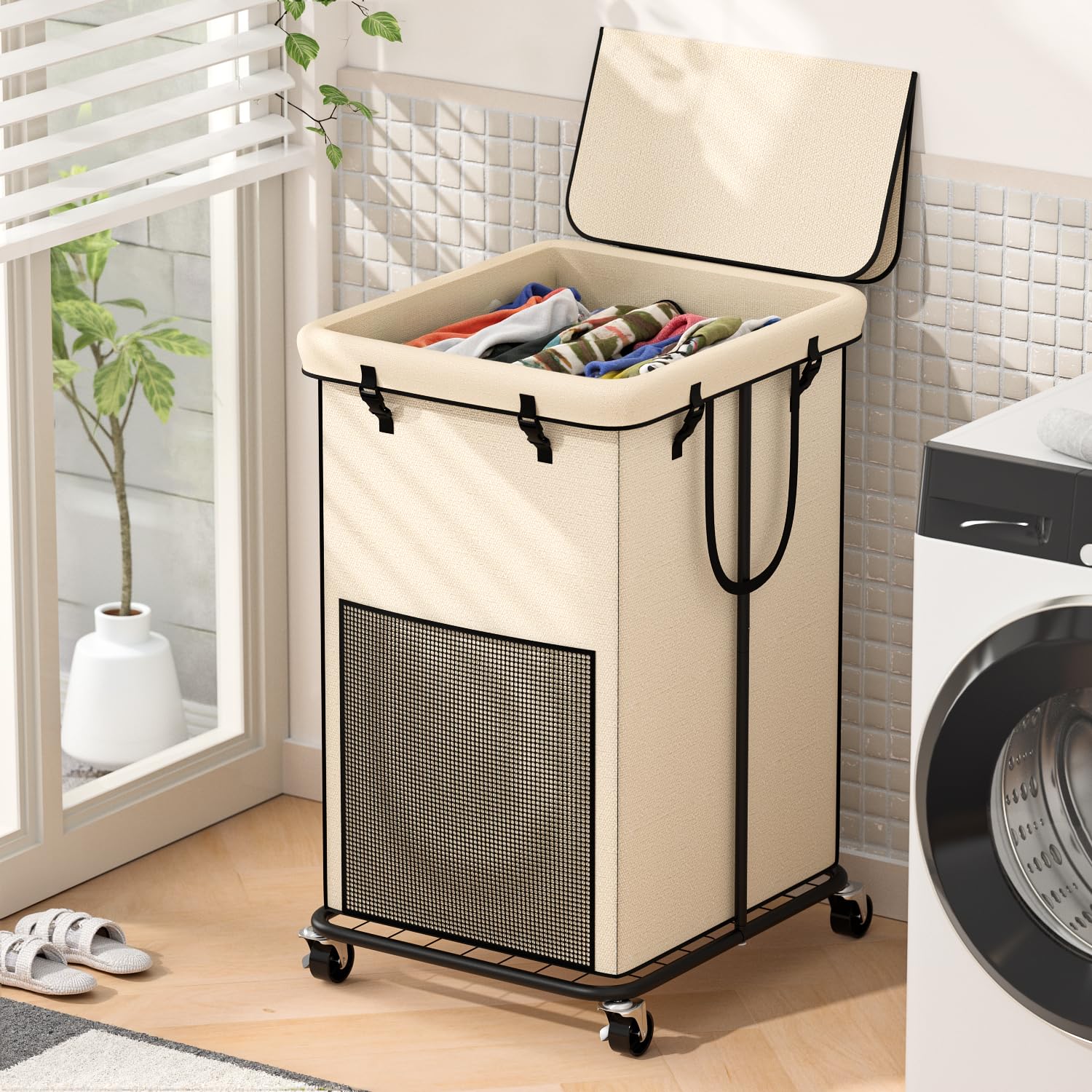 150L Large Laundry Hampers With Lid, Oxford Fabric Laundry Hampers, Metal Frame And Removable Bag Design With Wheels, Suitable F