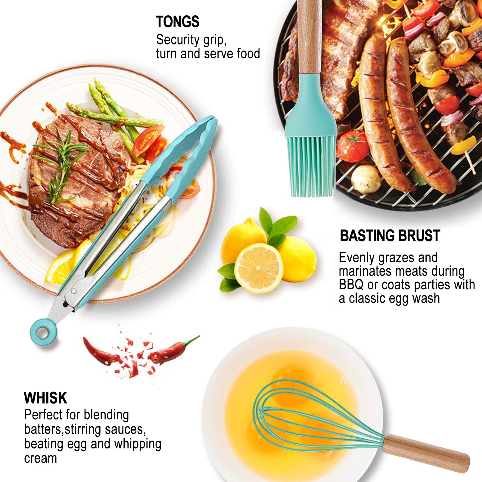 Silicone Kitchen Utensils Set - Heat Resistant Silicon Cooking Utensils, Wooden Handle Kitchen Utensil Set With Holder, Spoon Sp