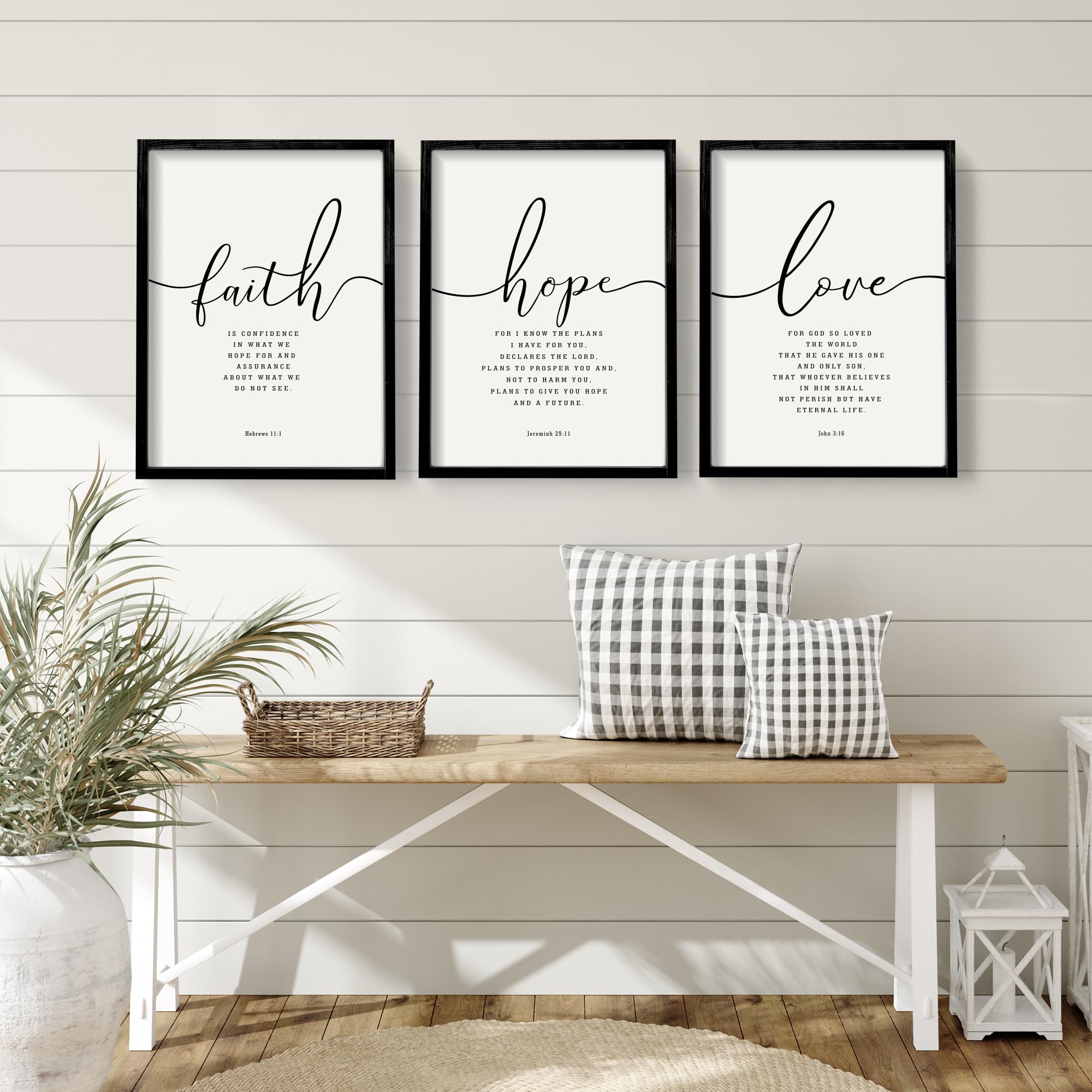 Houmury 3Pcs Framed Faith Hope Love Bible Verses Wall Art Farmhouse Religious Quotes Wall Decor Inspirational Wall Art (Black, 1