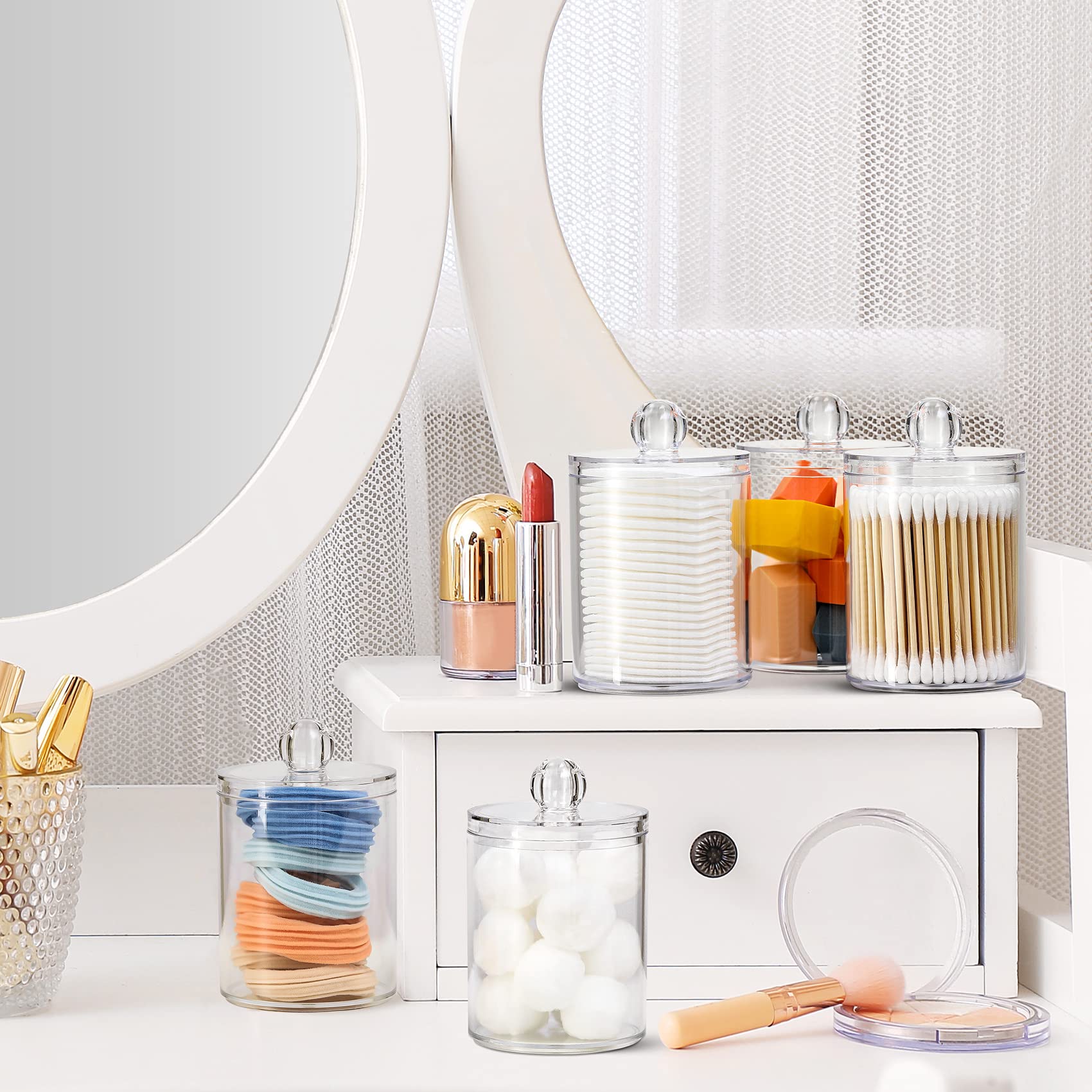 Aozita 8 Pack Acrylic Qtip Holder Dispenser With Lids & Labels, Cotton Ball, Cotton Swab, Cotton Round Pads, Floss Storage Canis