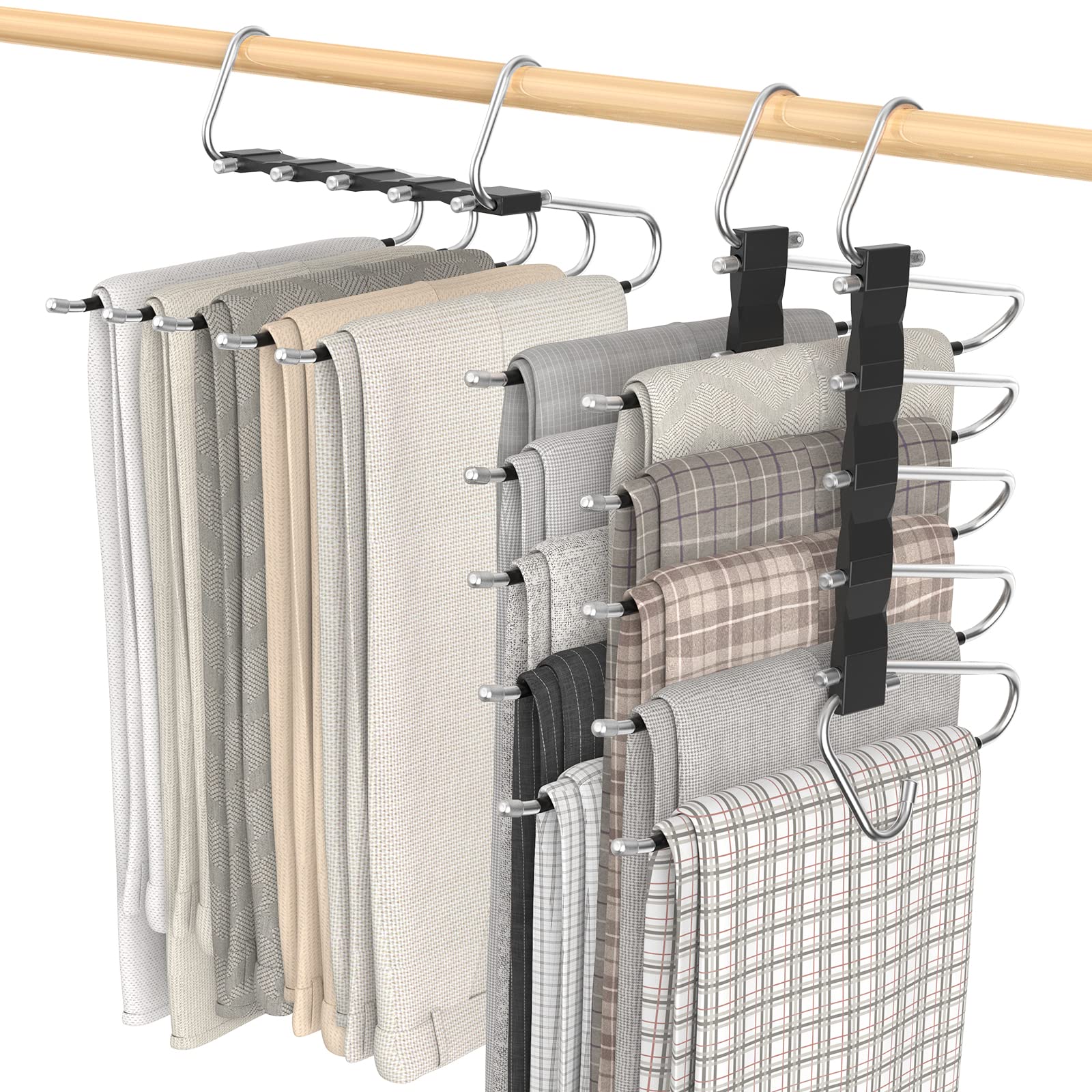 Loretoy 3 Pack Pants Hangers Space Saving, Anti-Slip Multi-Functional Pants Rack, Thickened Stainless Steel Tube With 15 Metal C