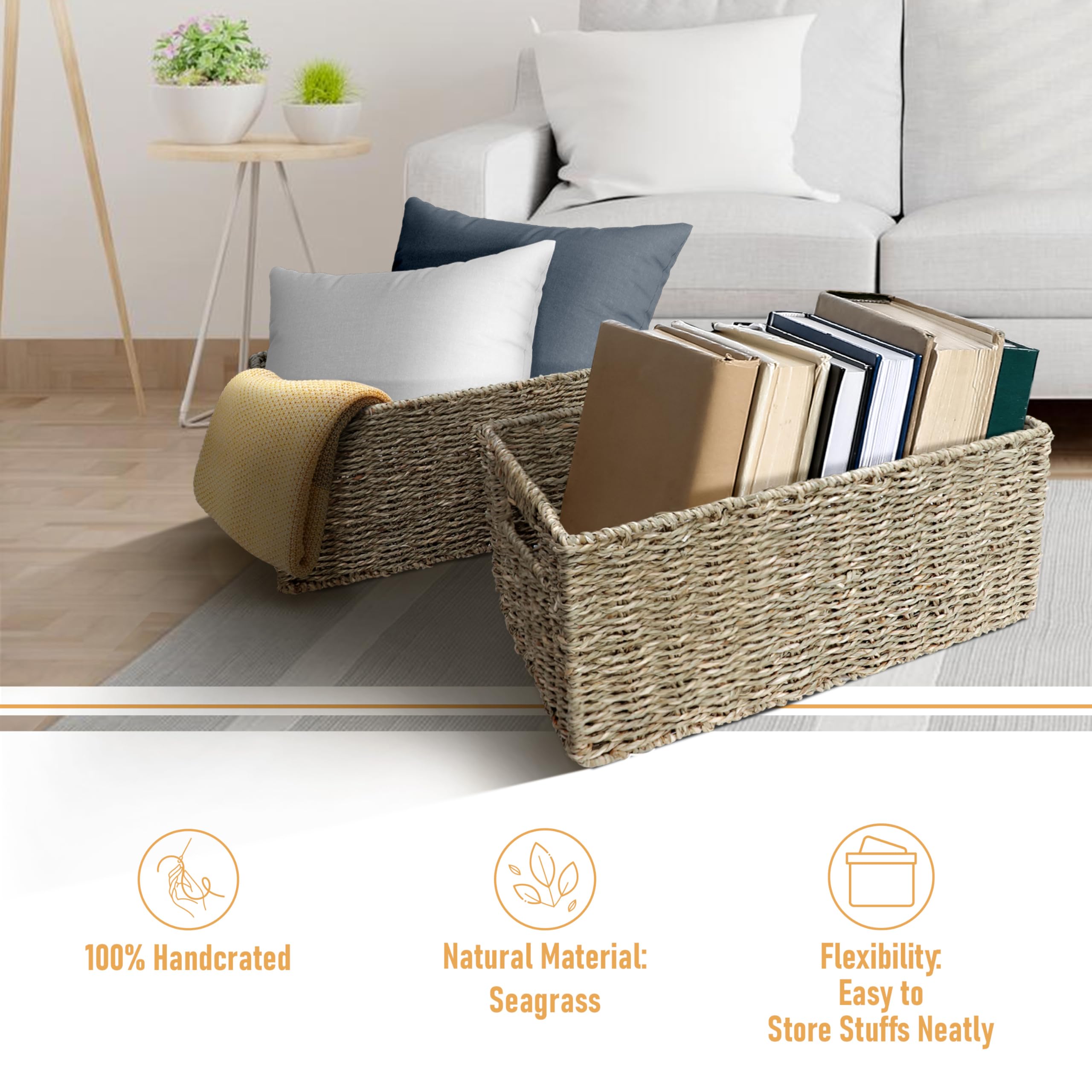 Homestead Seagrass Baskets With Built-In Handles For Storage, 13.5'' X 8'' Medium Rectangular Wicker Basket For Bedroom, Living