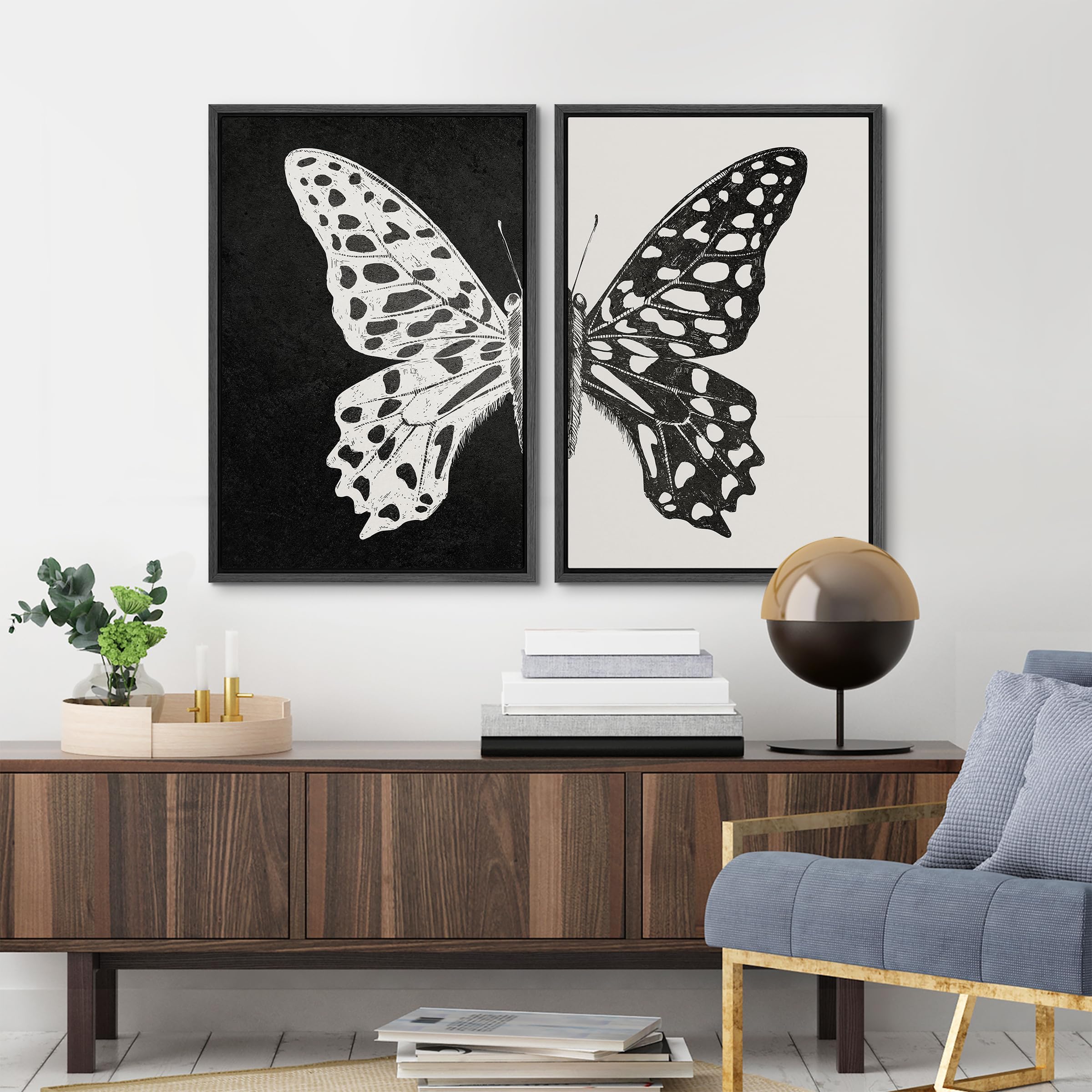 Mudecor Framed Canvas Wall Art Black And White Butterfly Prints Minimalist Modern Art Boho Wall Decor For Bedroom - 16''X24''X2