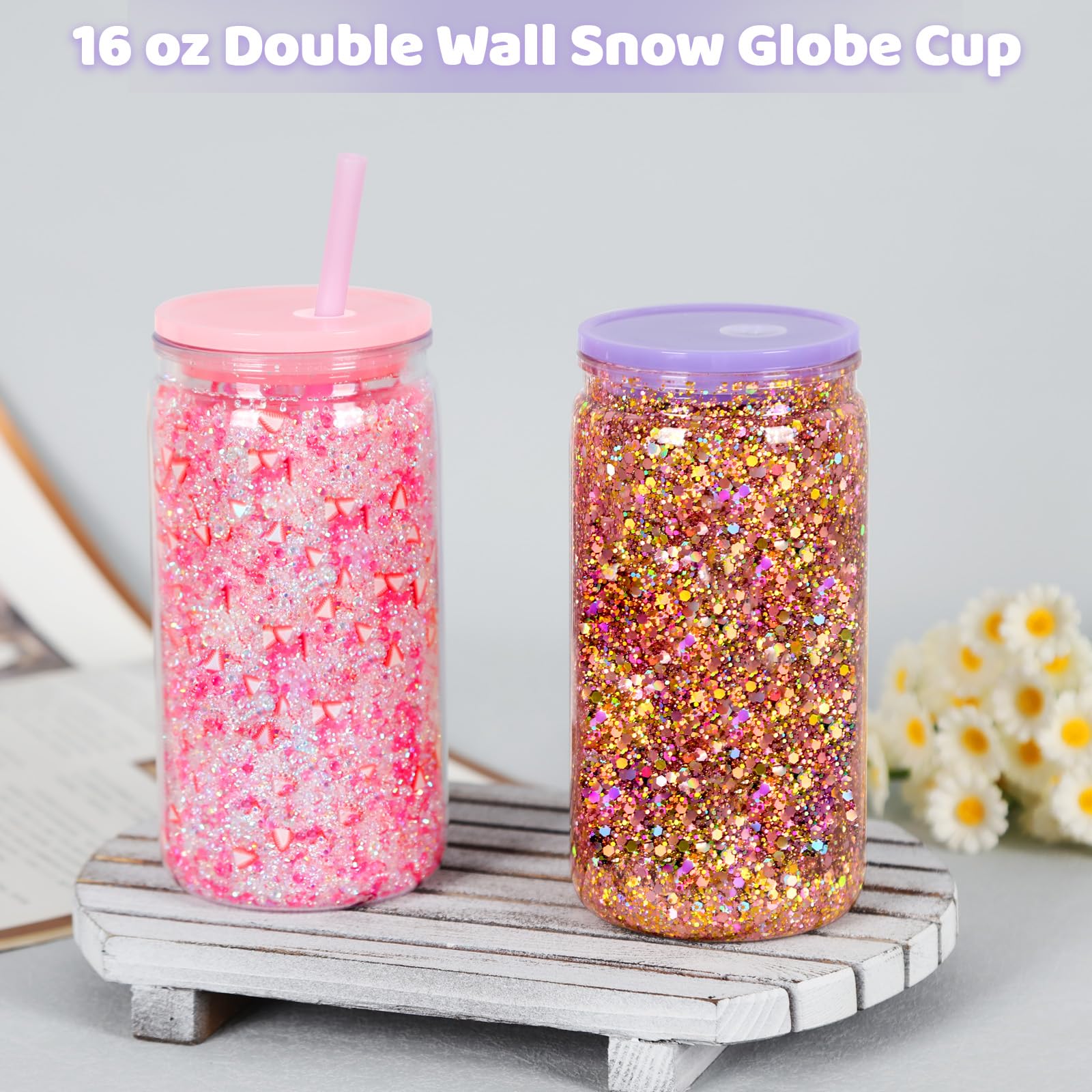 Tswofia 8 Pack Snow Globe Tumbler, 16 Oz Double Wall Plastic Can With Lid and Straw, Mason Jar Mug for DIY Glitter Gift (Mixed C