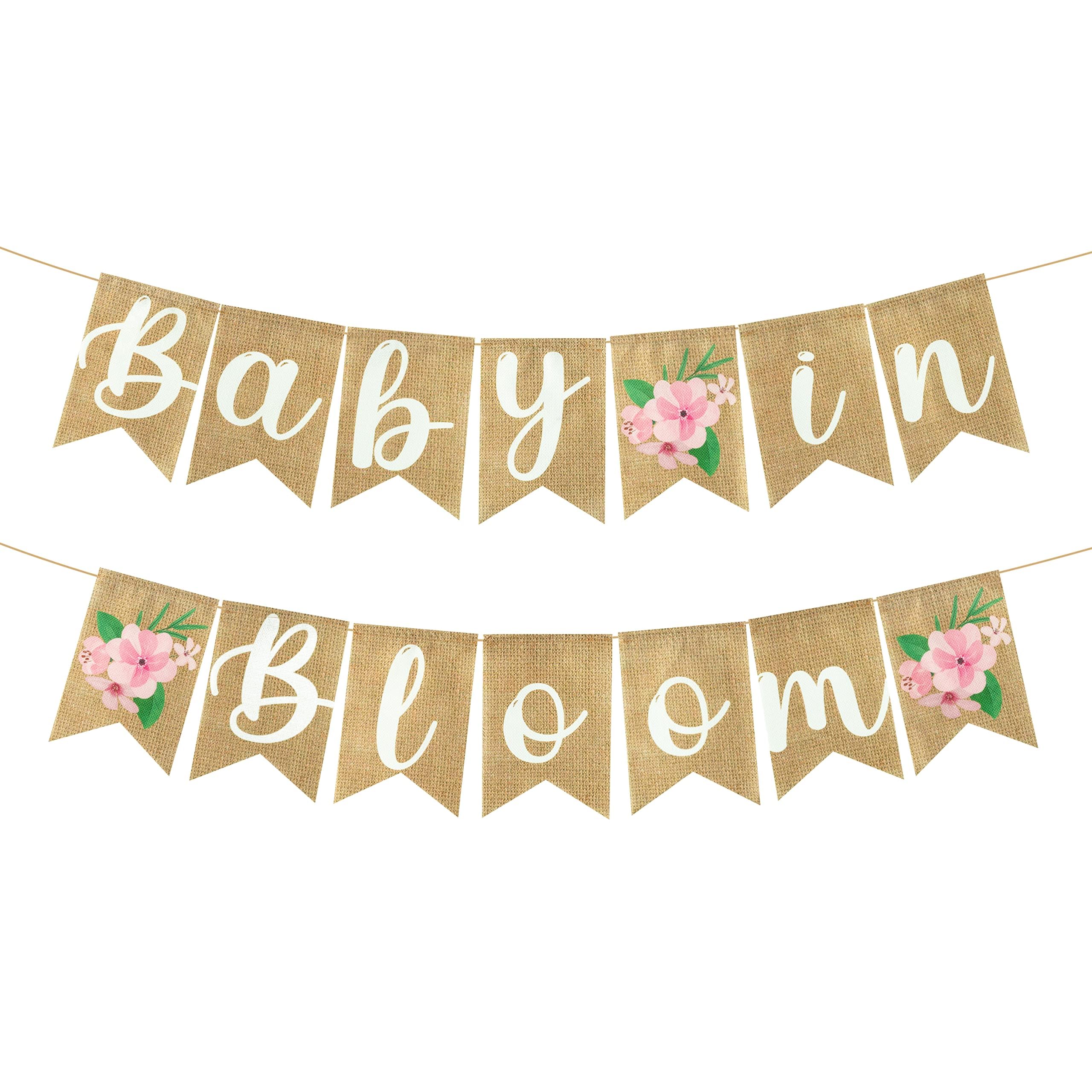 Angolio 2Pcs Floral Baby In Bloom Baby Shower Burlap Banner Decoration Wall Hanging Floral Banner Decor Pattern With Rope Baby S