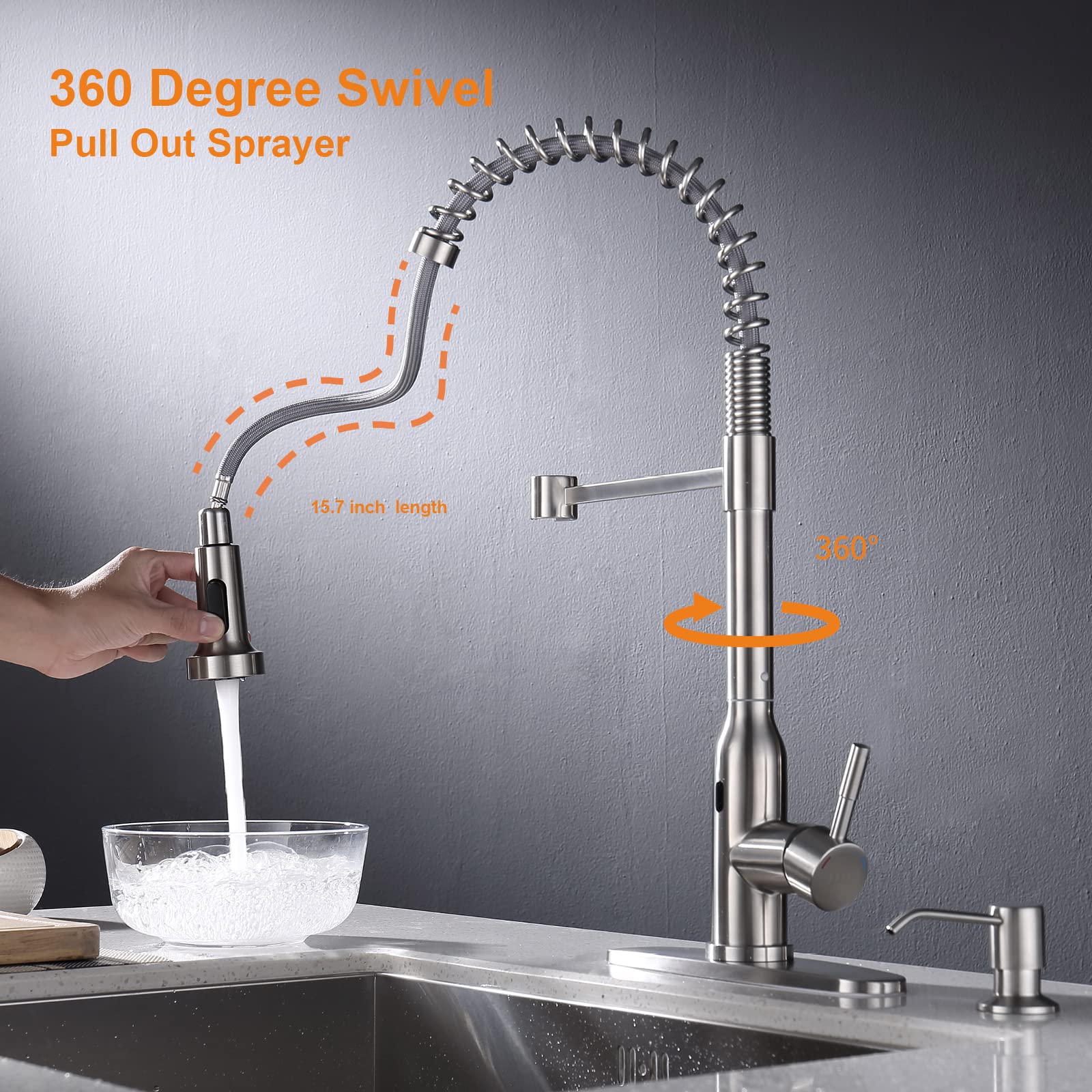 Touchless Kitchen Faucet,Keer Smart Motion Sensor Hands Free Single Handle Spring Kitchen Sink Faucet With Pull Down Sprayer,Bru