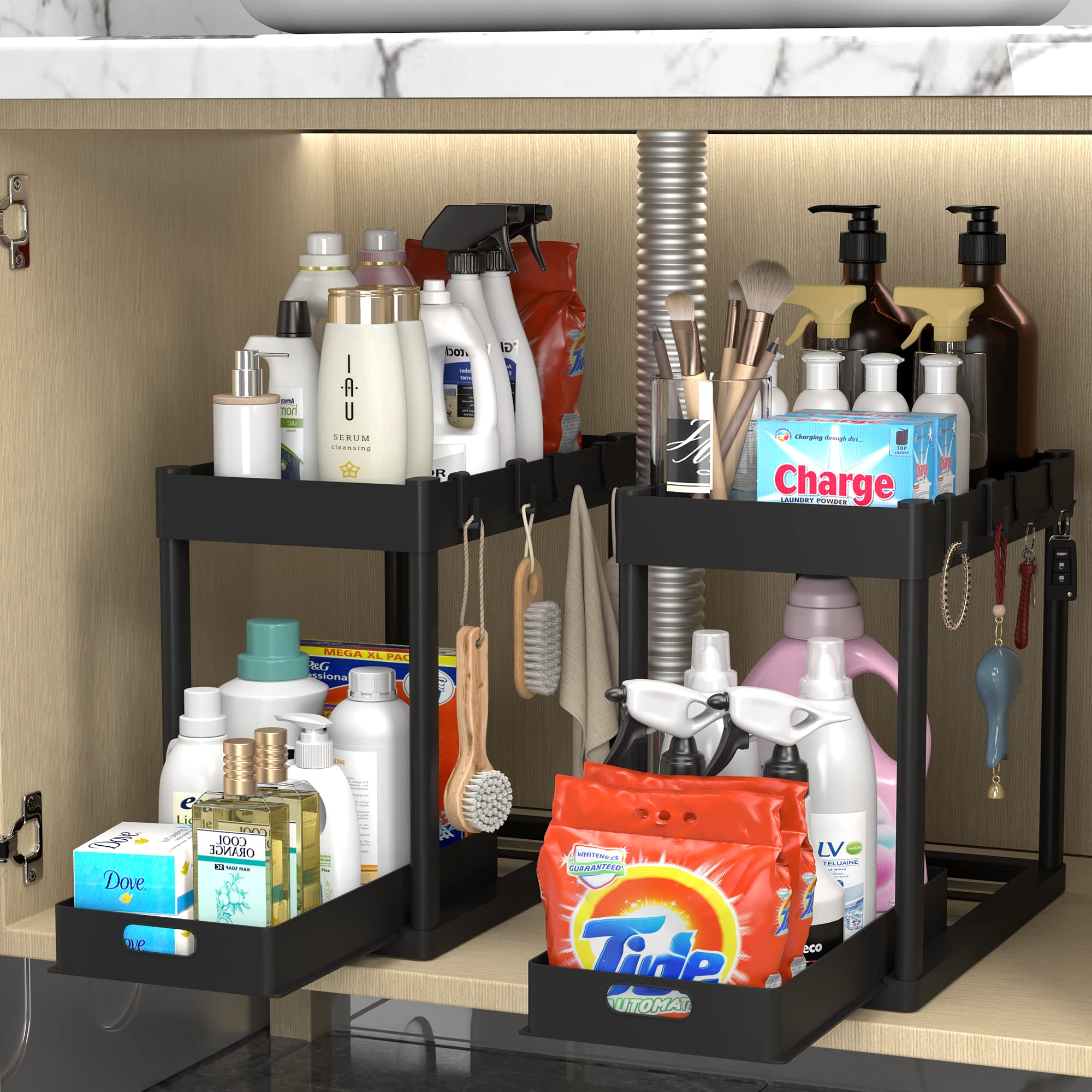 Pougny 2Pc Under Sink Organizer Rack 2 Tier Under Sliding Cabinet Basket Organizer Drawer With 4 Hooks, Multi-Purpose Under Sink